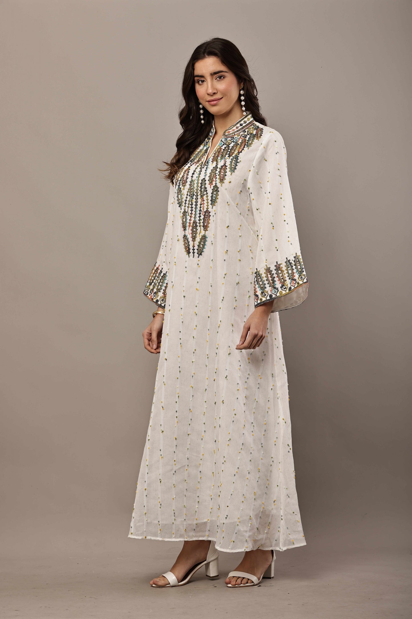 Off-White Embroidered Eid Kurta for Women | Elegant Ramadan Maxi Dress
