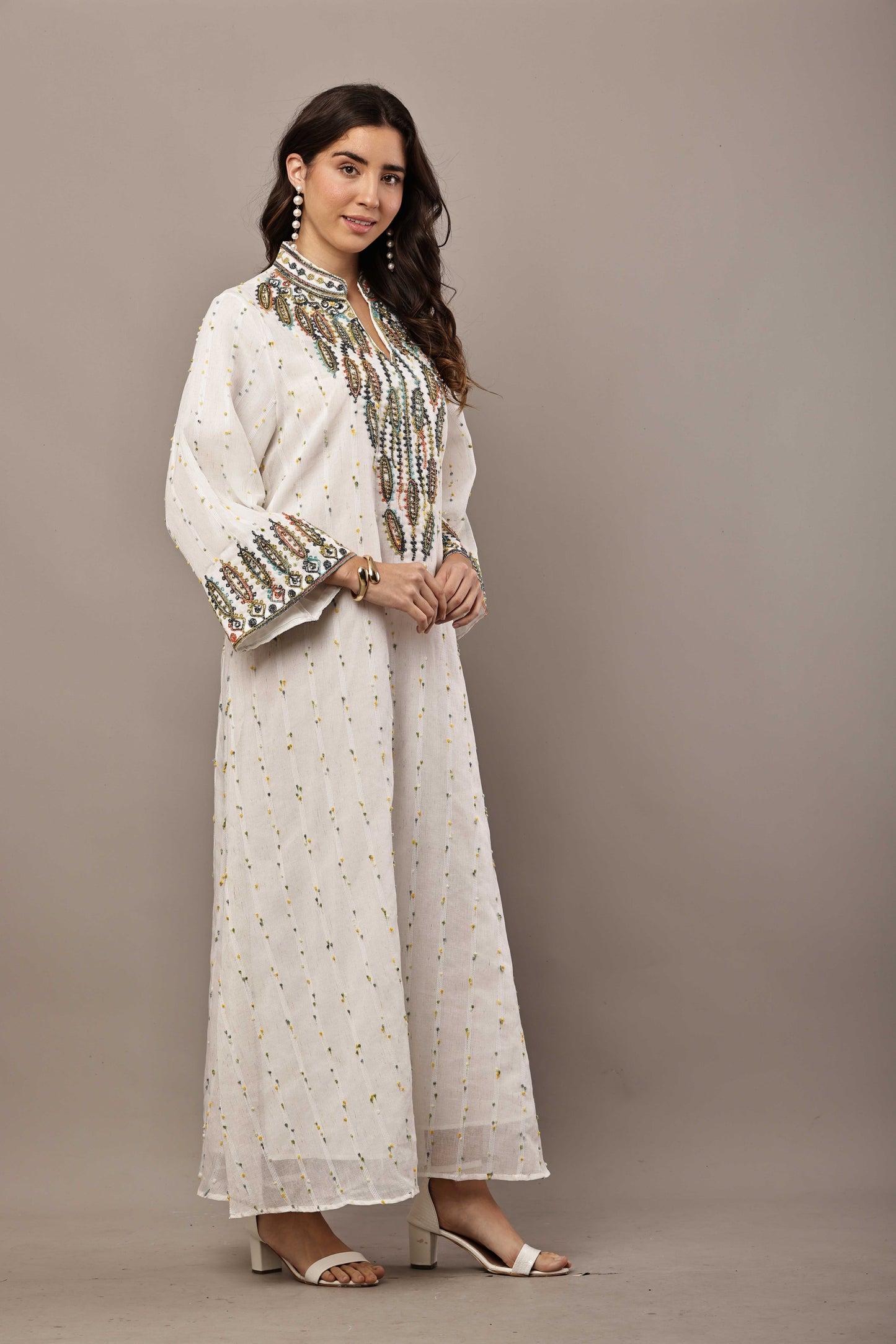 Off-White Embroidered Eid Kurta for Women | Elegant Ramadan Maxi Dress