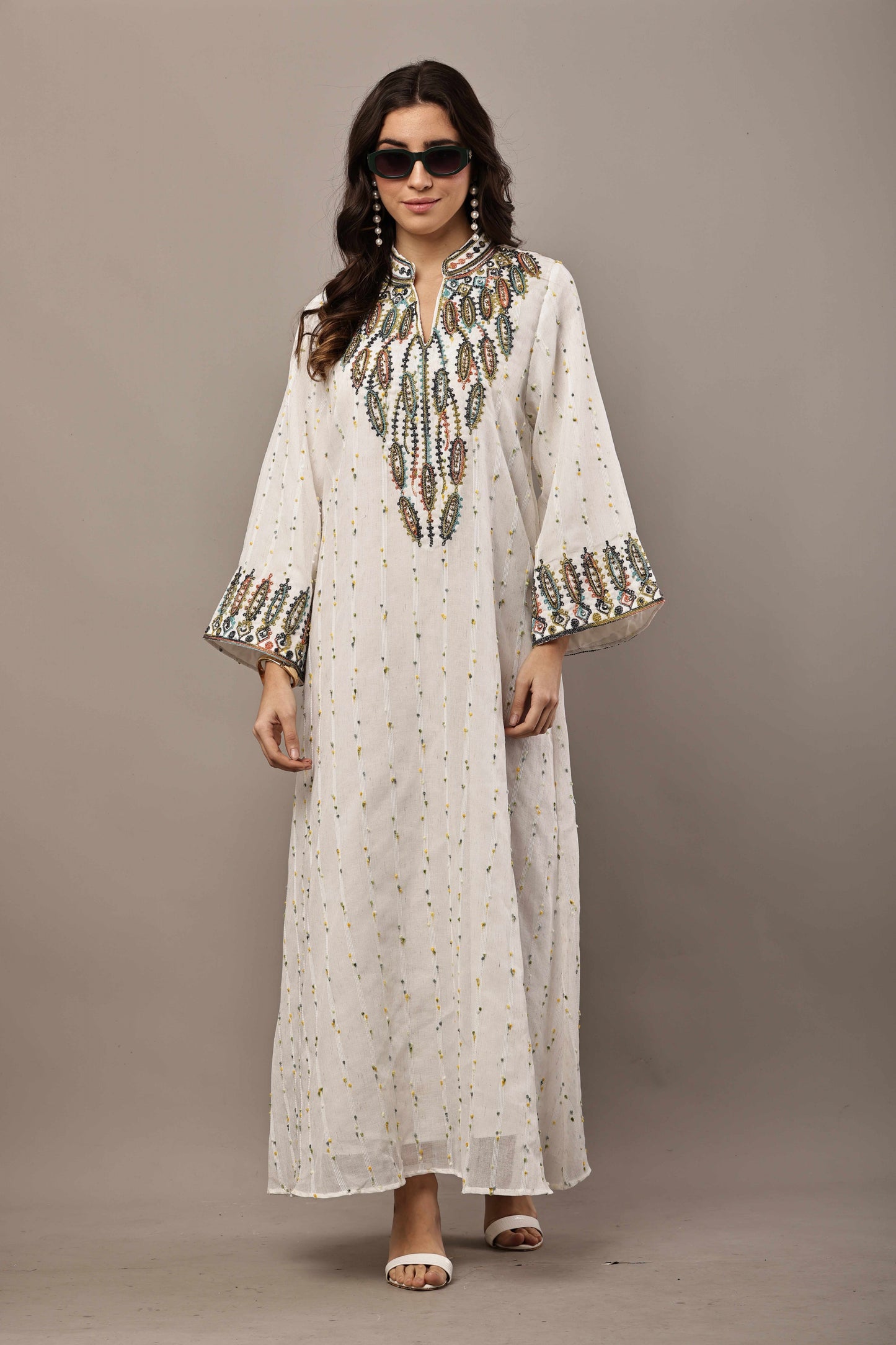 Off-White Embroidered Eid Kurta for Women | Elegant Ramadan Maxi Dress