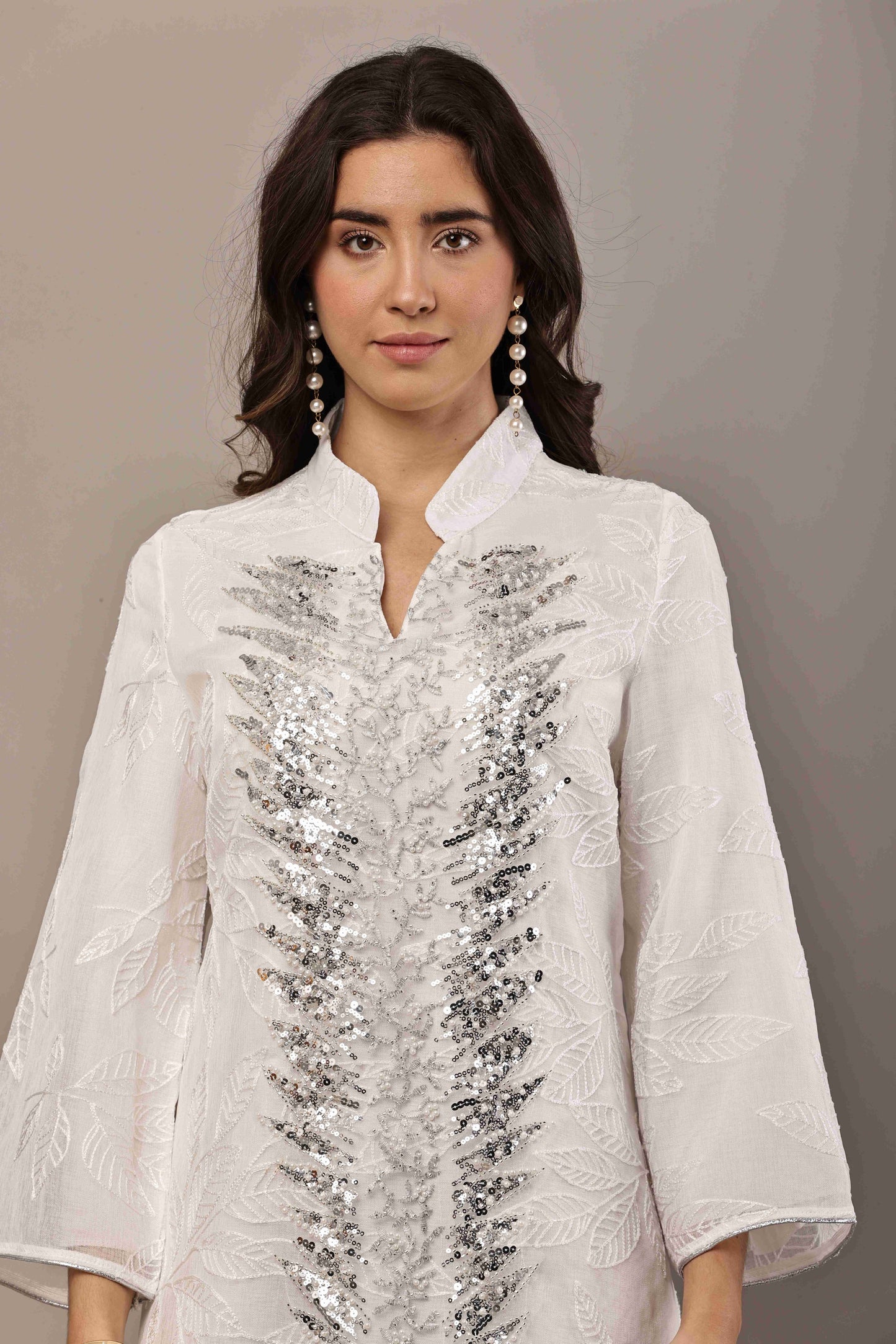 Ivory White Sequin Embroidered Eid Dress for Women | Luxury Ramadan Maxi
