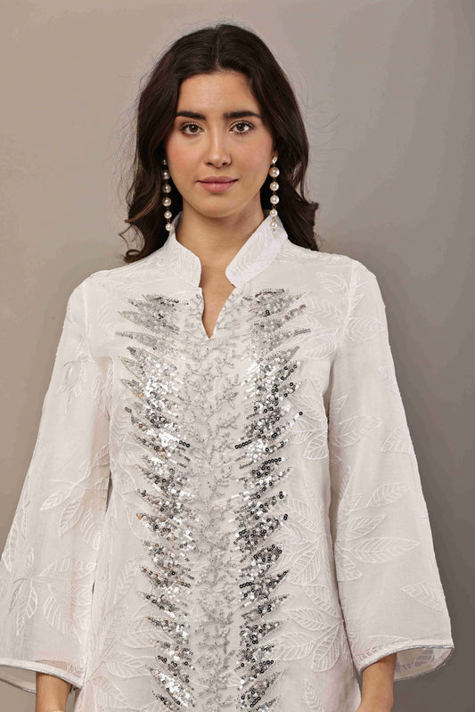Ivory White Sequin Embroidered Eid Dress for Women | Luxury Ramadan Maxi