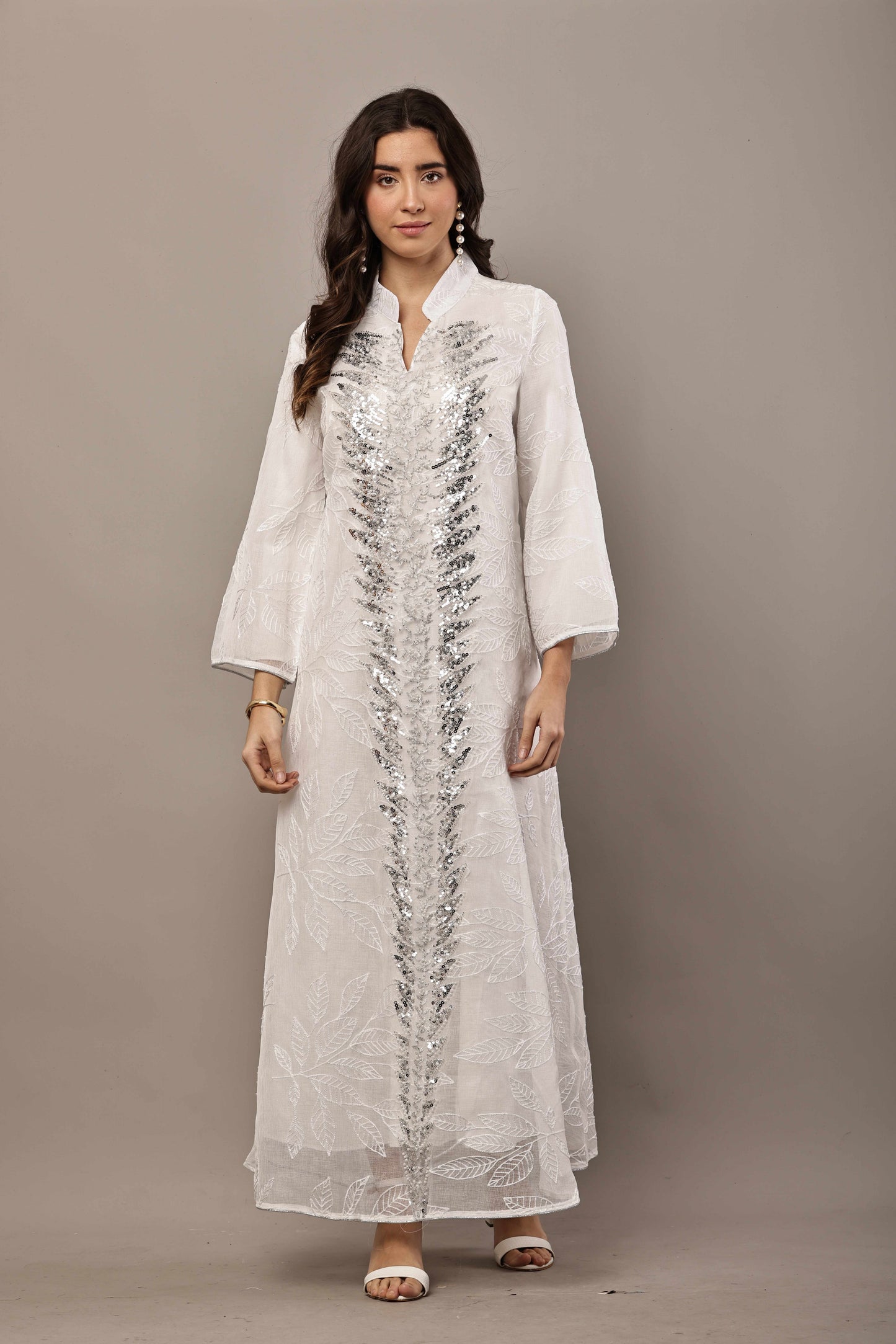 Ivory White Sequin Embroidered Eid Dress for Women | Luxury Ramadan Maxi