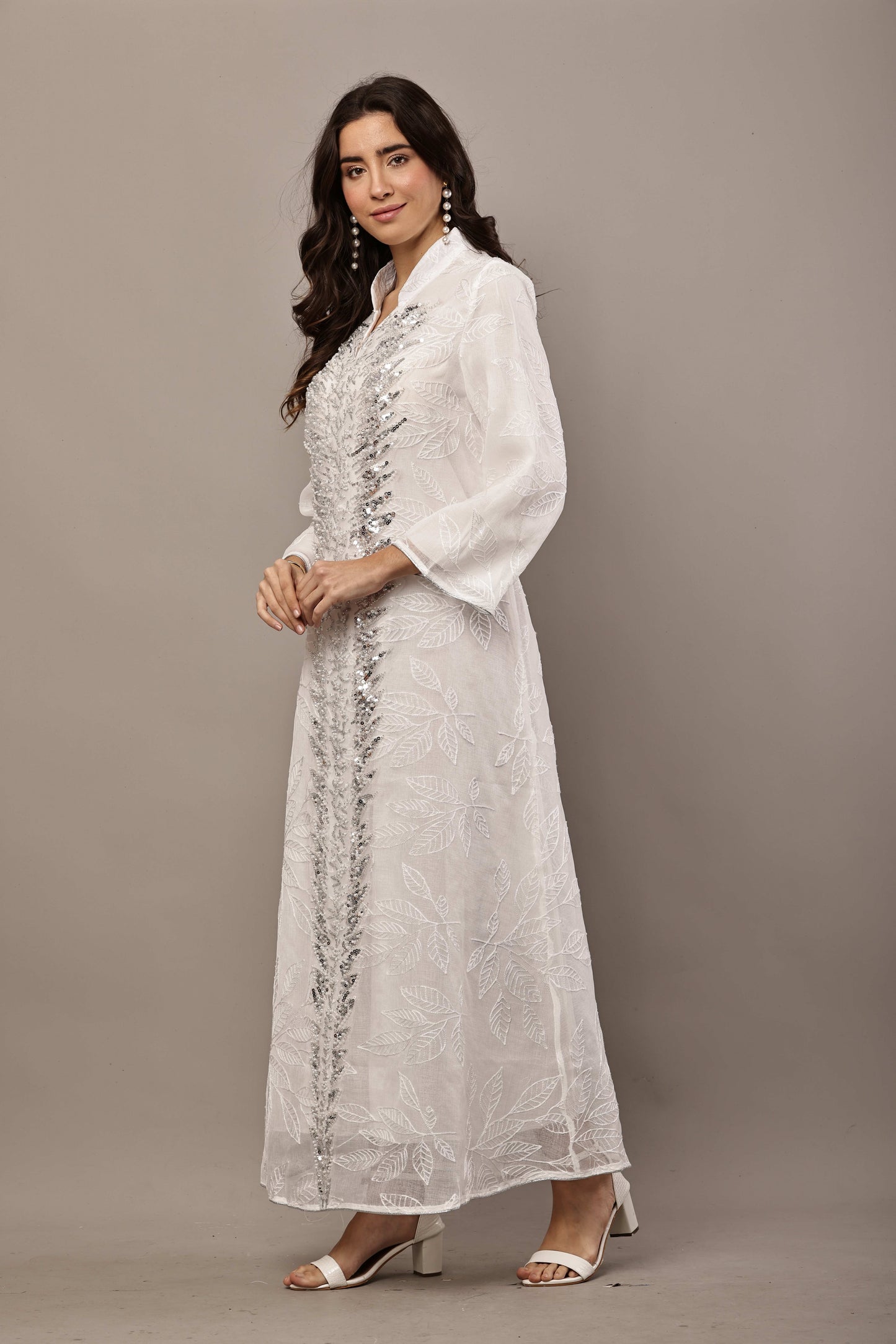 Ivory White Sequin Embroidered Eid Dress for Women | Luxury Ramadan Maxi