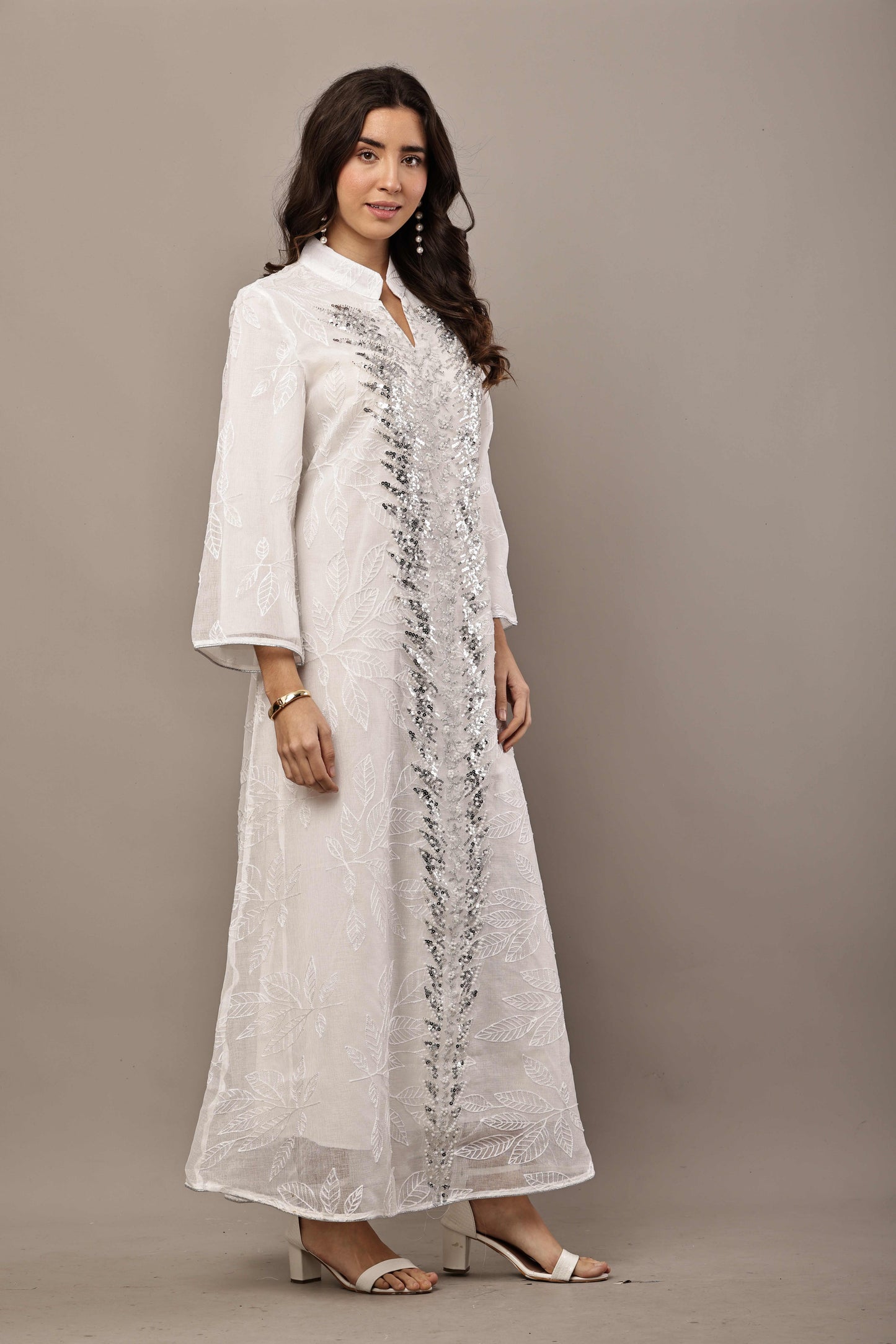 Ivory White Sequin Embroidered Eid Dress for Women | Luxury Ramadan Maxi