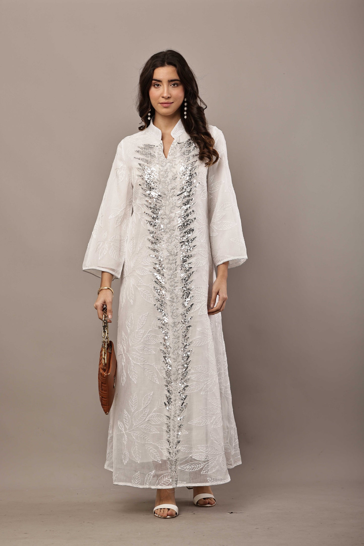 Ivory White Sequin Embroidered Eid Dress for Women | Luxury Ramadan Maxi
