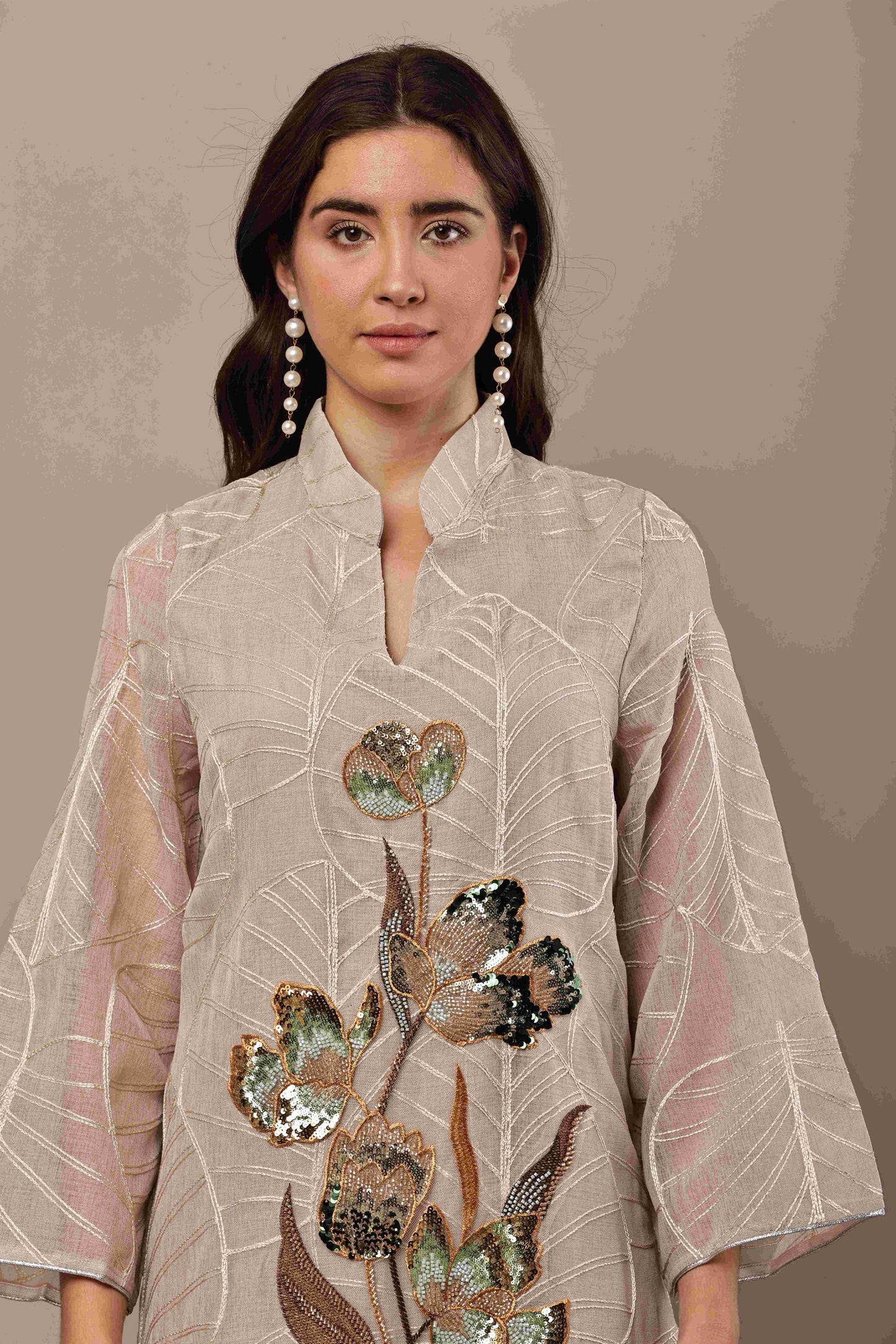 Beige Floral Sequin Embroidered Maxi Kurta – Festive & Eid Wear