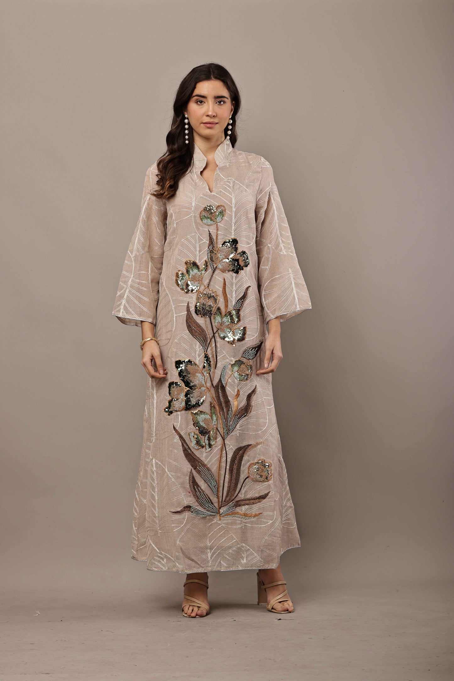 Beige Floral Sequin Embroidered Maxi Kurta – Festive & Eid Wear