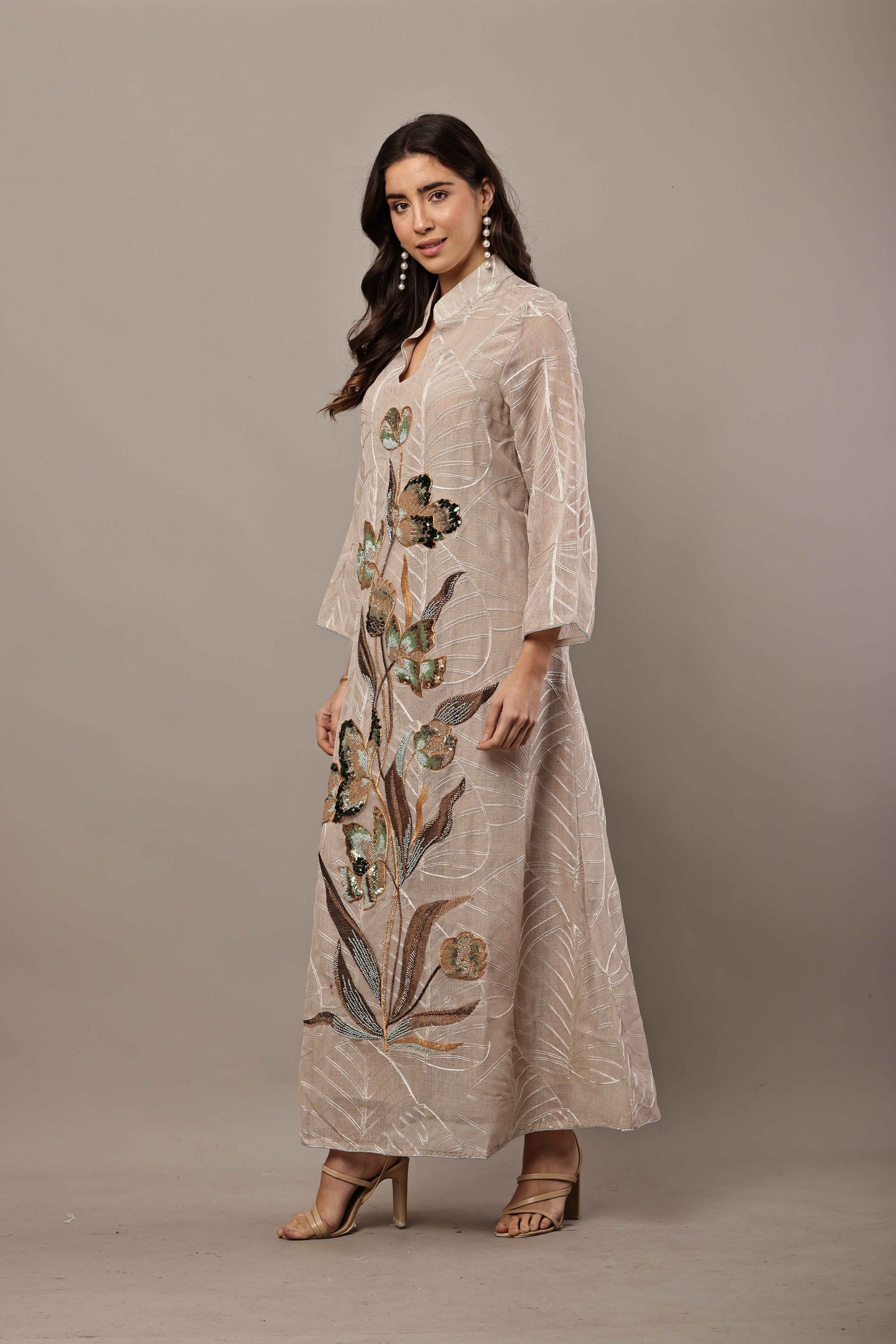 Beige Floral Sequin Embroidered Maxi Kurta – Festive & Eid Wear