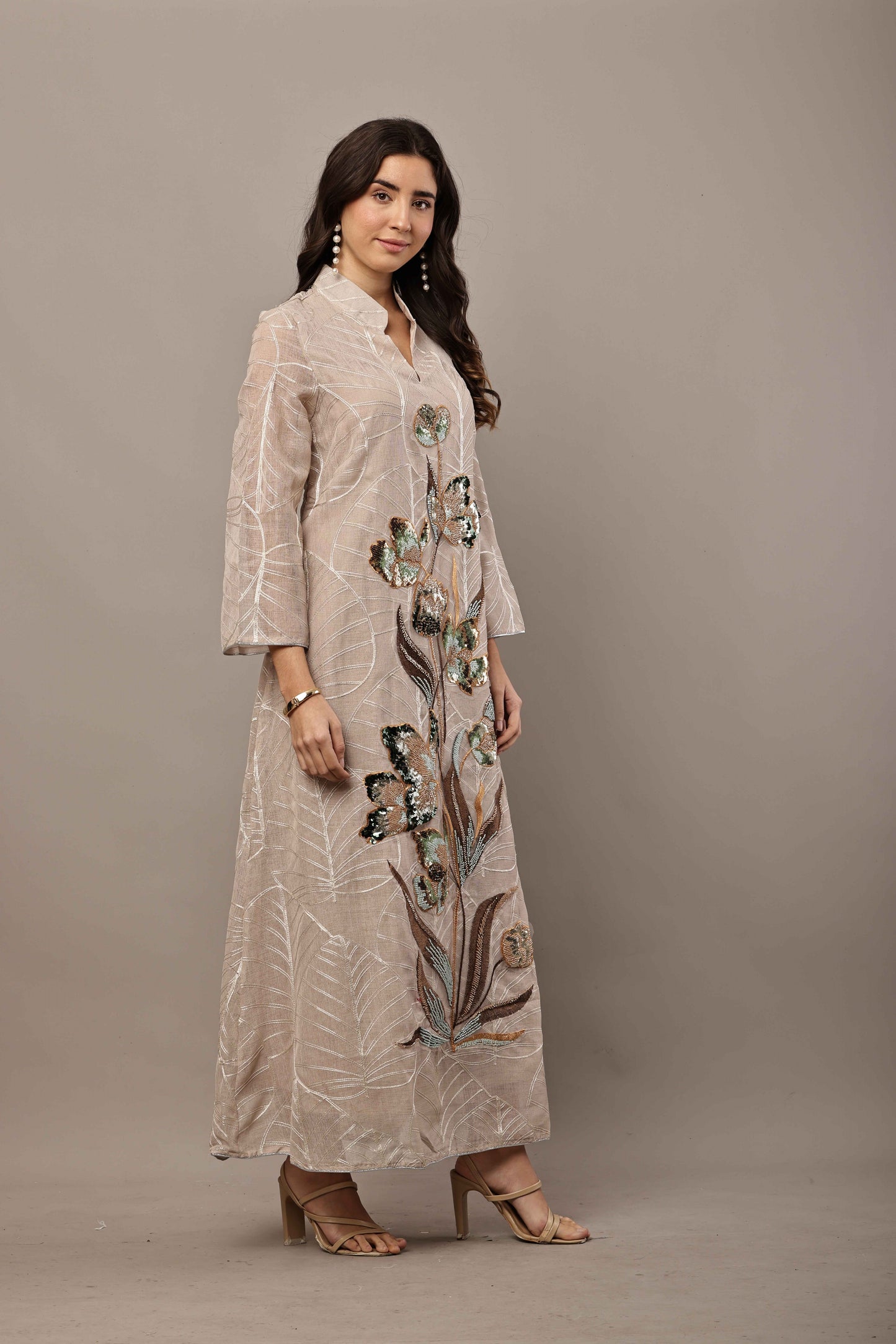 Beige Floral Sequin Embroidered Maxi Kurta – Festive & Eid Wear