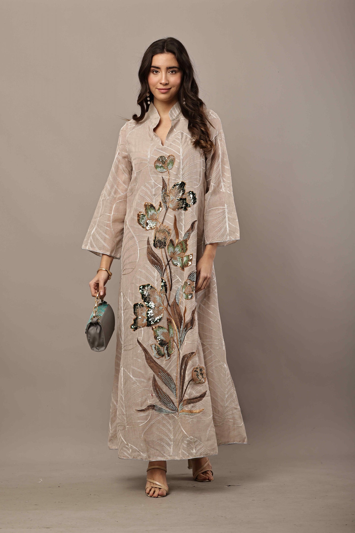 Beige Floral Sequin Embroidered Maxi Kurta – Festive & Eid Wear