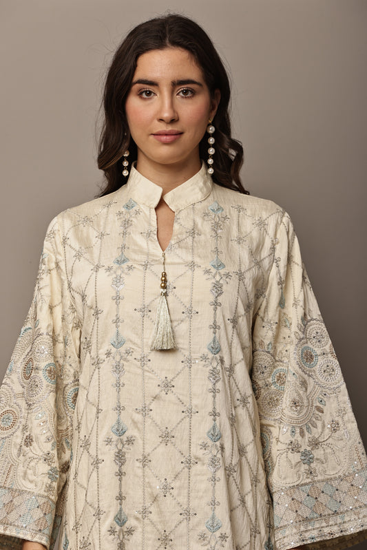 Ivory & Powder Blue Embroidered Maxi Kurta – Festive & Eid Edit