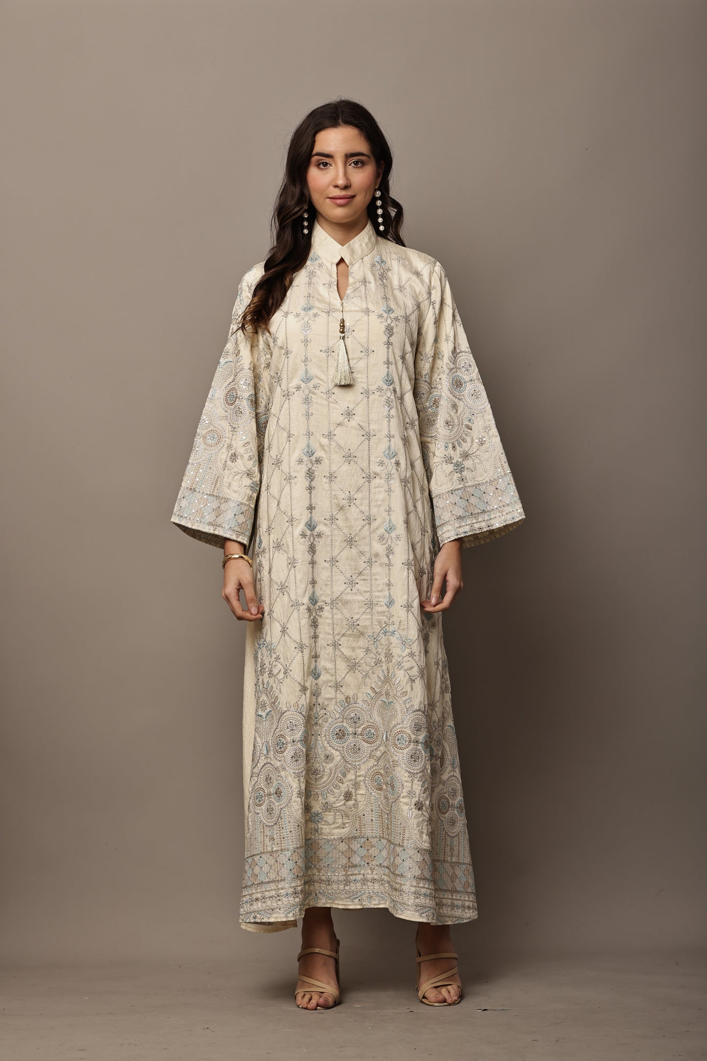Ivory & Powder Blue Embroidered Maxi Kurta – Festive & Eid Edit