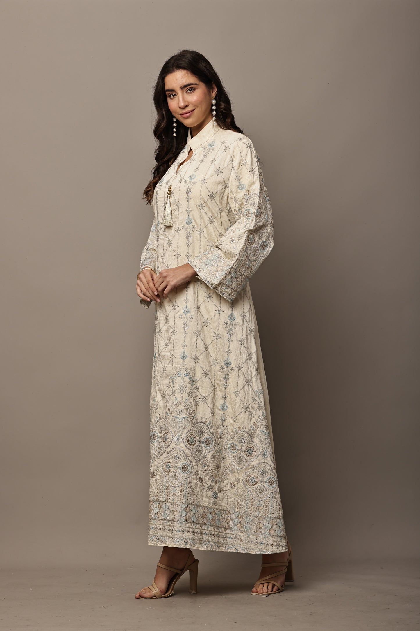 Ivory & Powder Blue Embroidered Maxi Kurta – Festive & Eid Edit