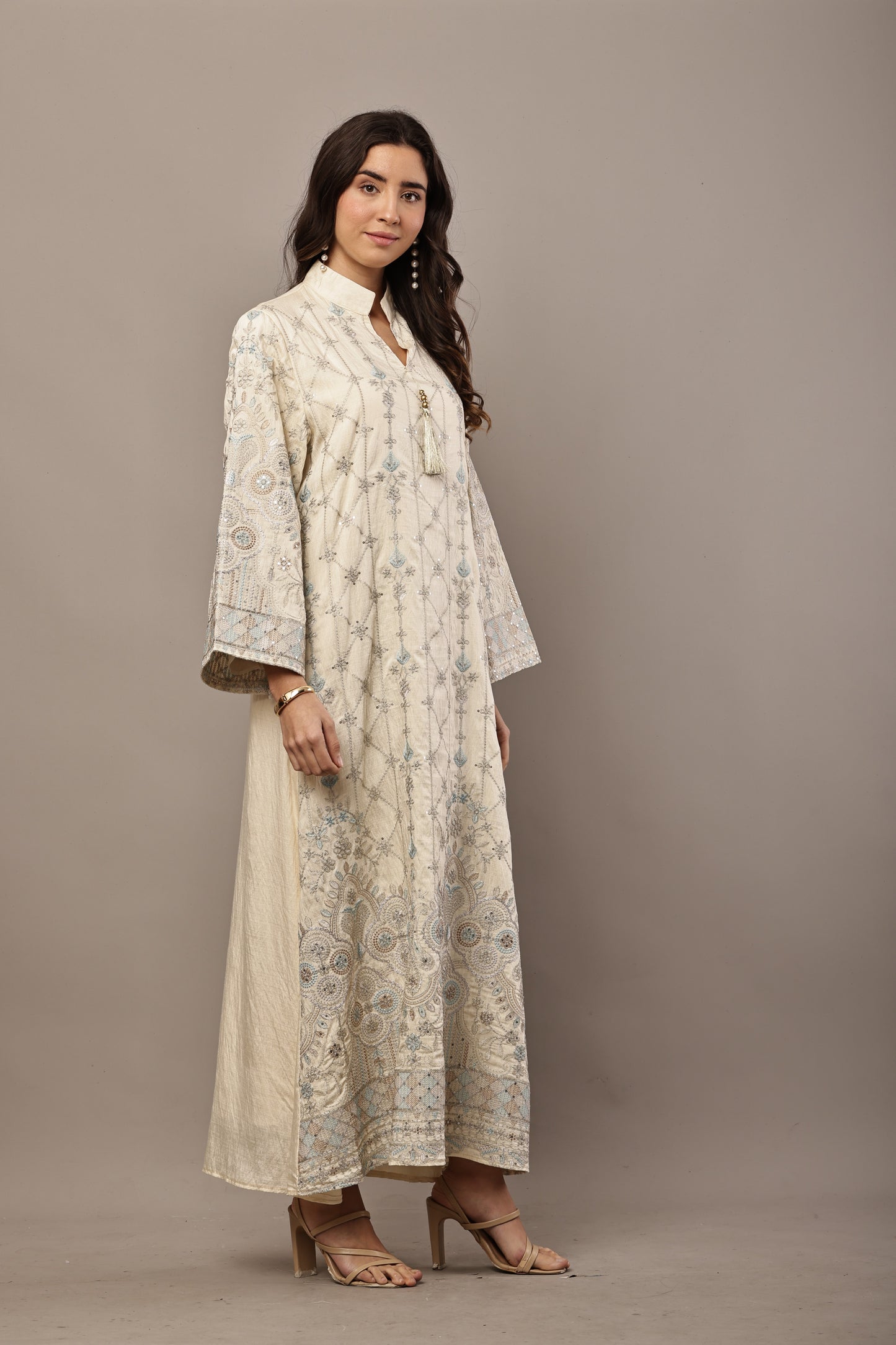 Ivory & Powder Blue Embroidered Maxi Kurta – Festive & Eid Edit