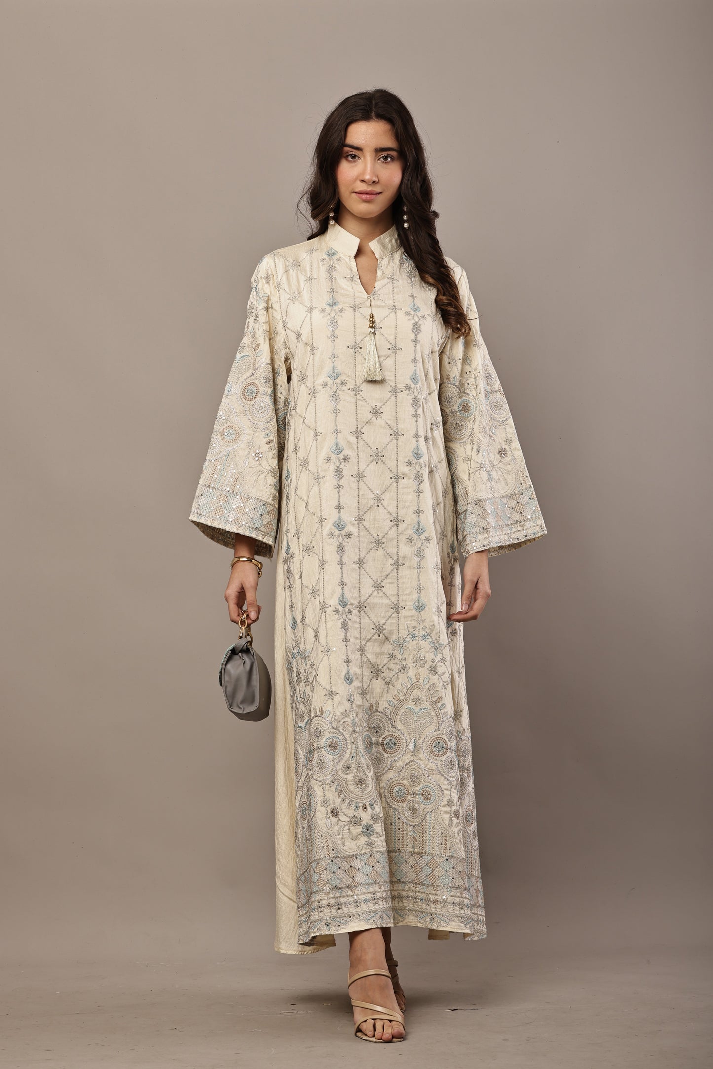 Ivory & Powder Blue Embroidered Maxi Kurta – Festive & Eid Edit