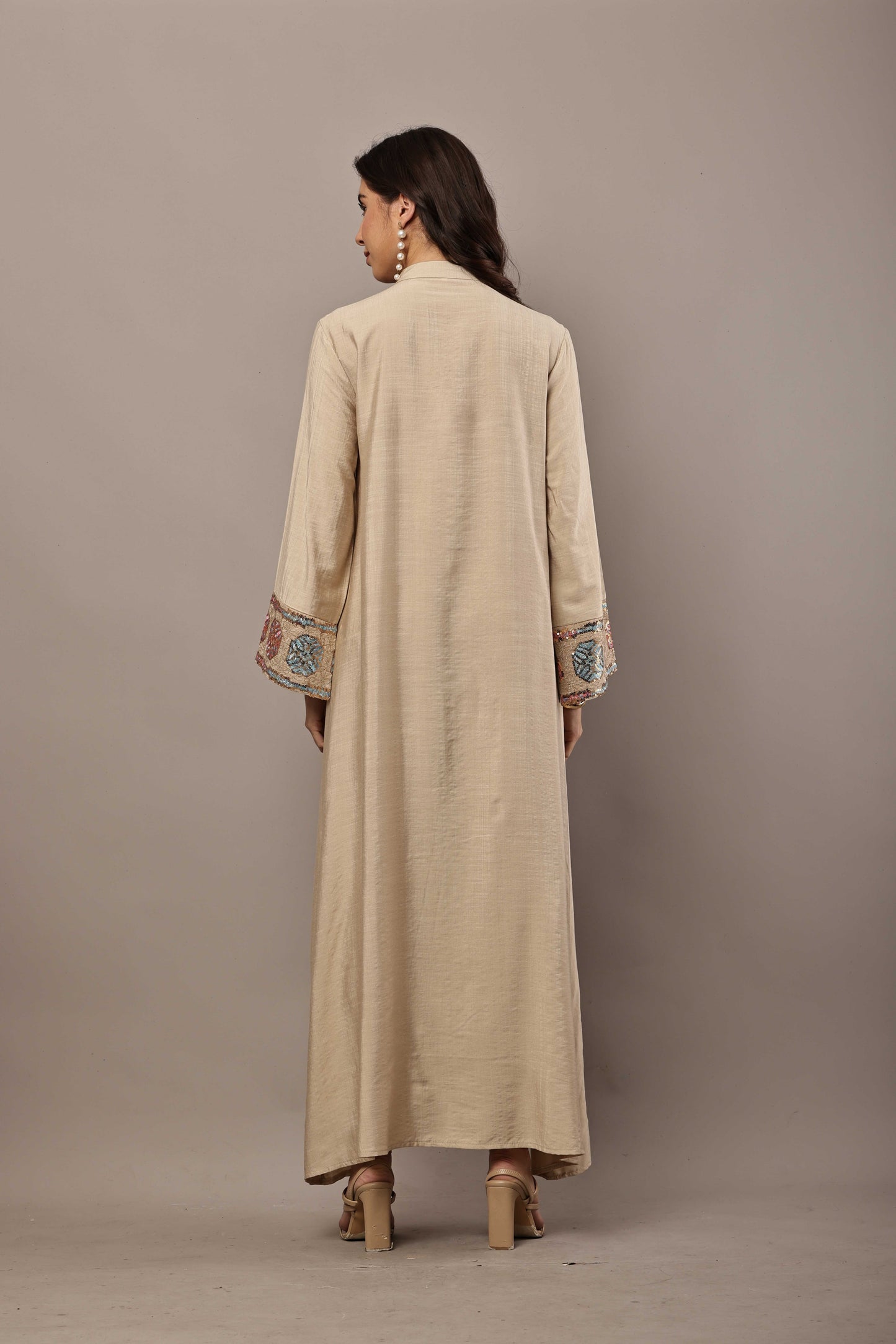 Beige Multi-Color Embroidered Panel Maxi Kurta – Festive & Eid Wear