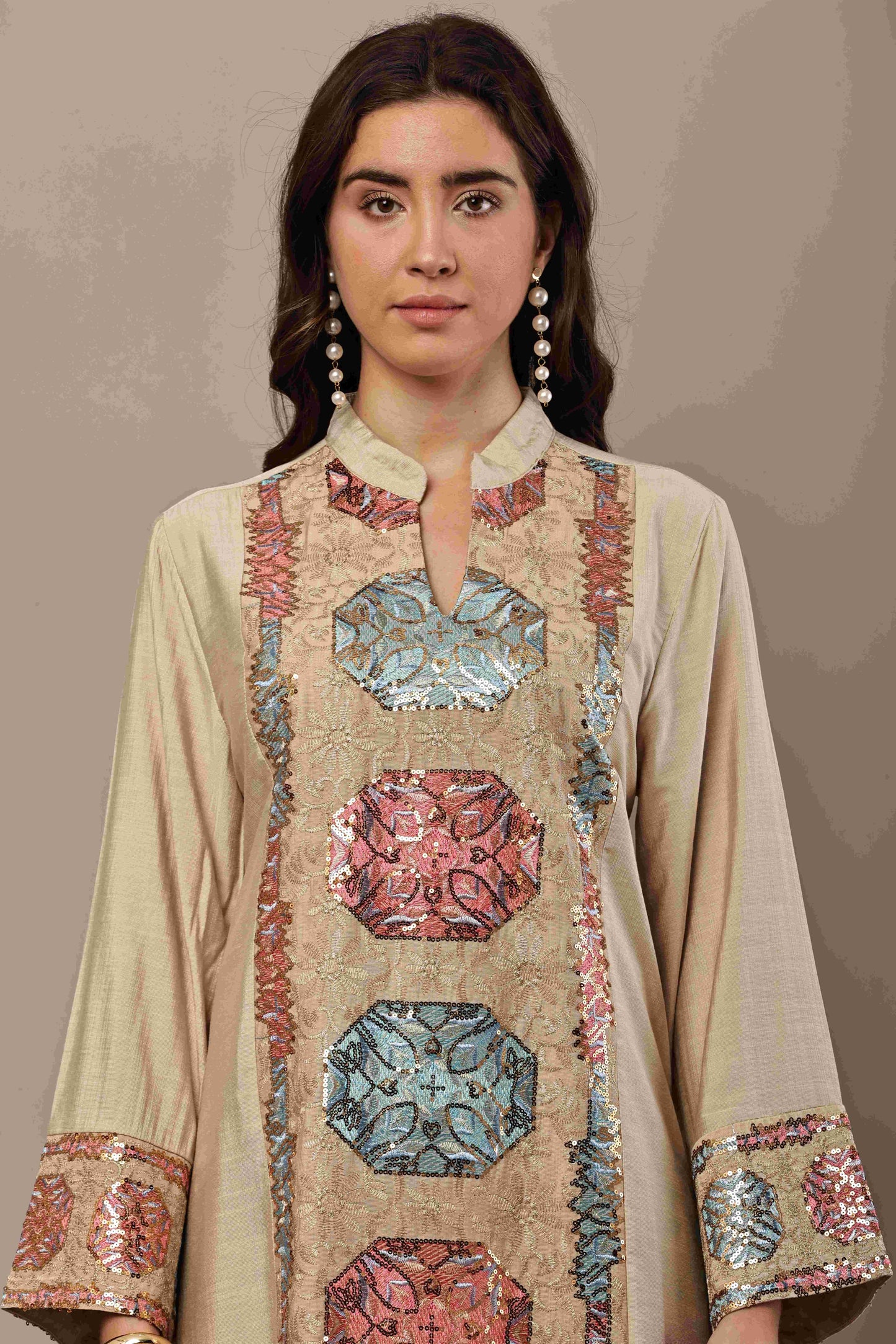 Beige Multi-Color Embroidered Panel Maxi Kurta – Festive & Eid Wear