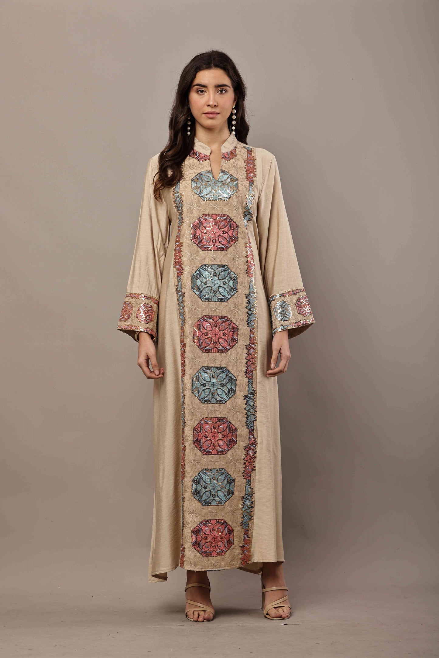 Beige Multi-Color Embroidered Panel Maxi Kurta – Festive & Eid Wear