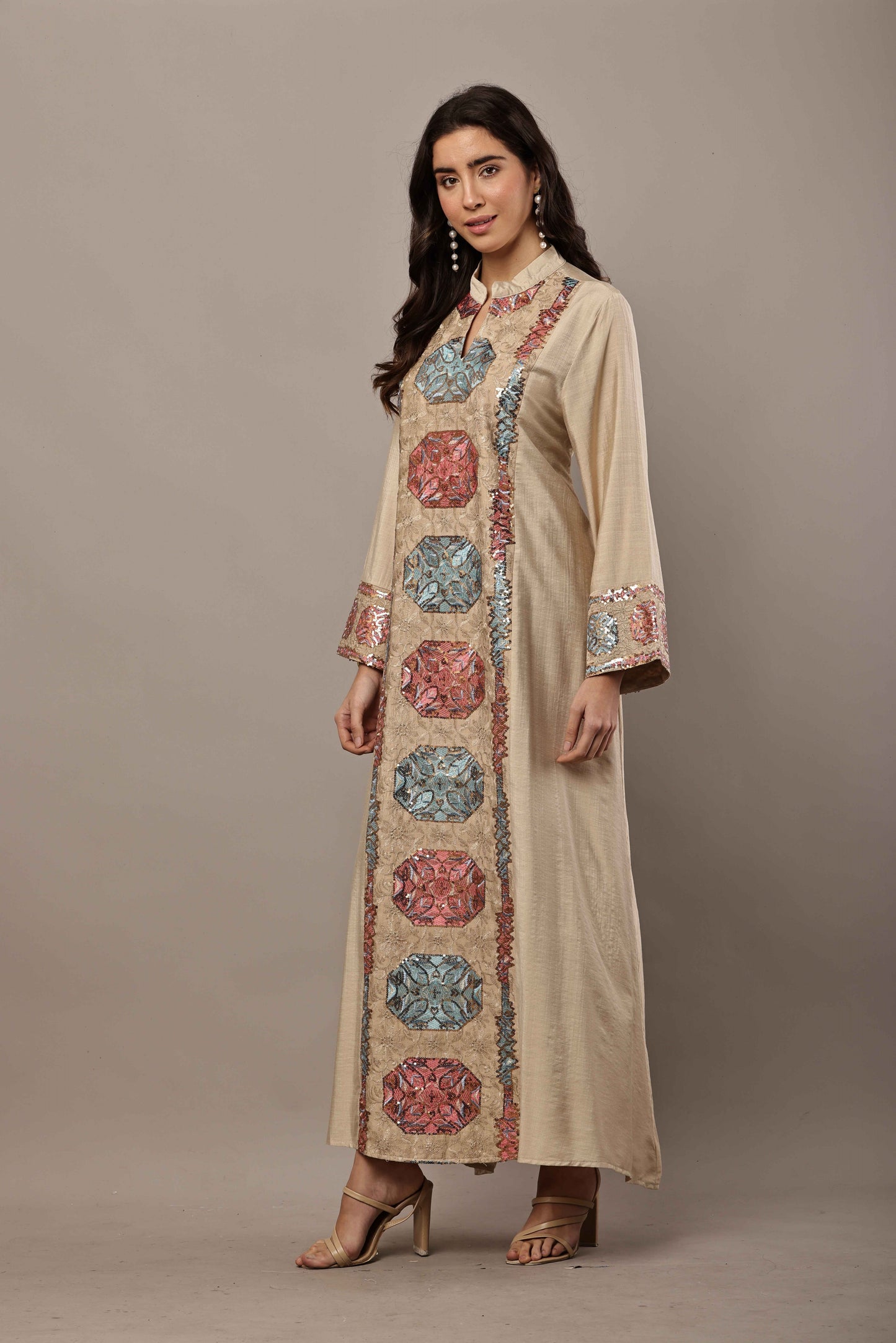 Beige Multi-Color Embroidered Panel Maxi Kurta – Festive & Eid Wear