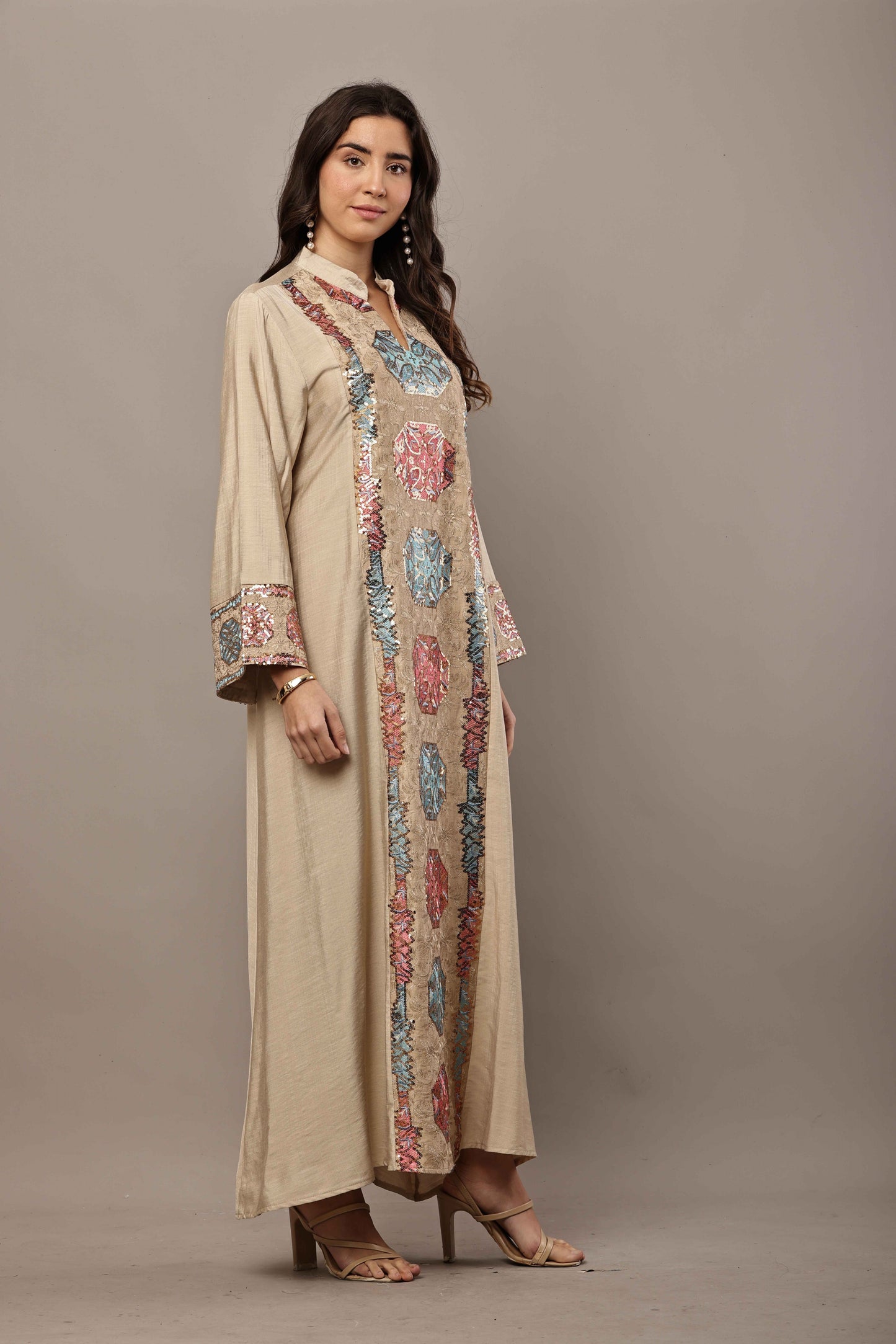 Beige Multi-Color Embroidered Panel Maxi Kurta – Festive & Eid Wear