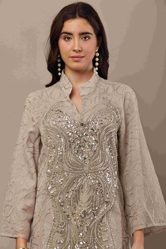 Champagne Sequin Embroidered Statement Maxi Kurta – Festive & Eid Wear