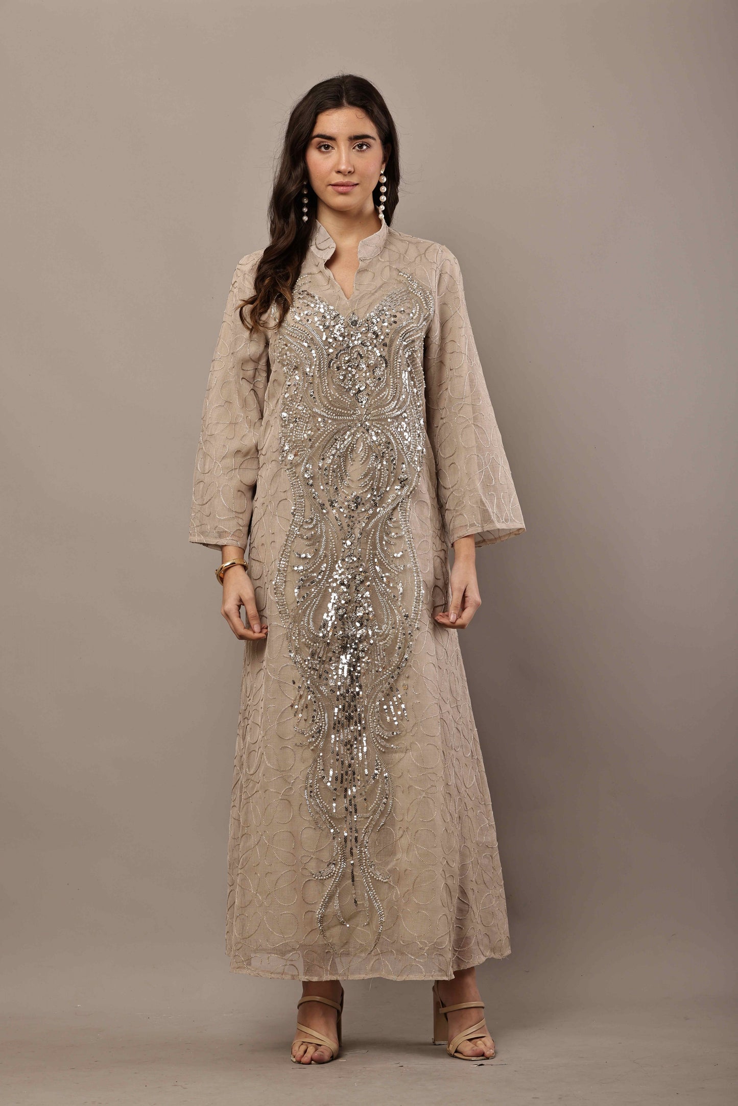 Champagne Sequin Embroidered Statement Maxi Kurta – Festive & Eid Wear