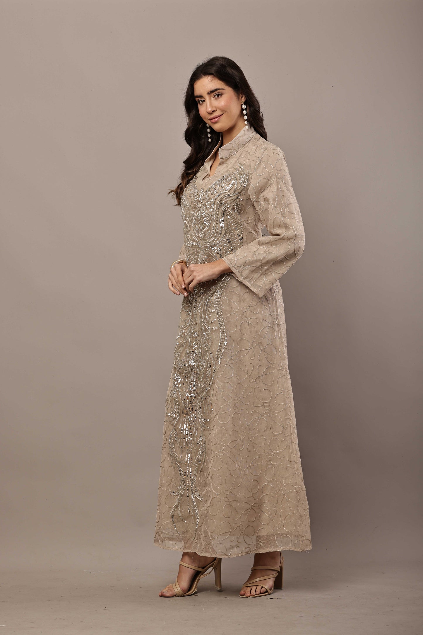 Champagne Sequin Embroidered Statement Maxi Kurta – Festive & Eid Wear