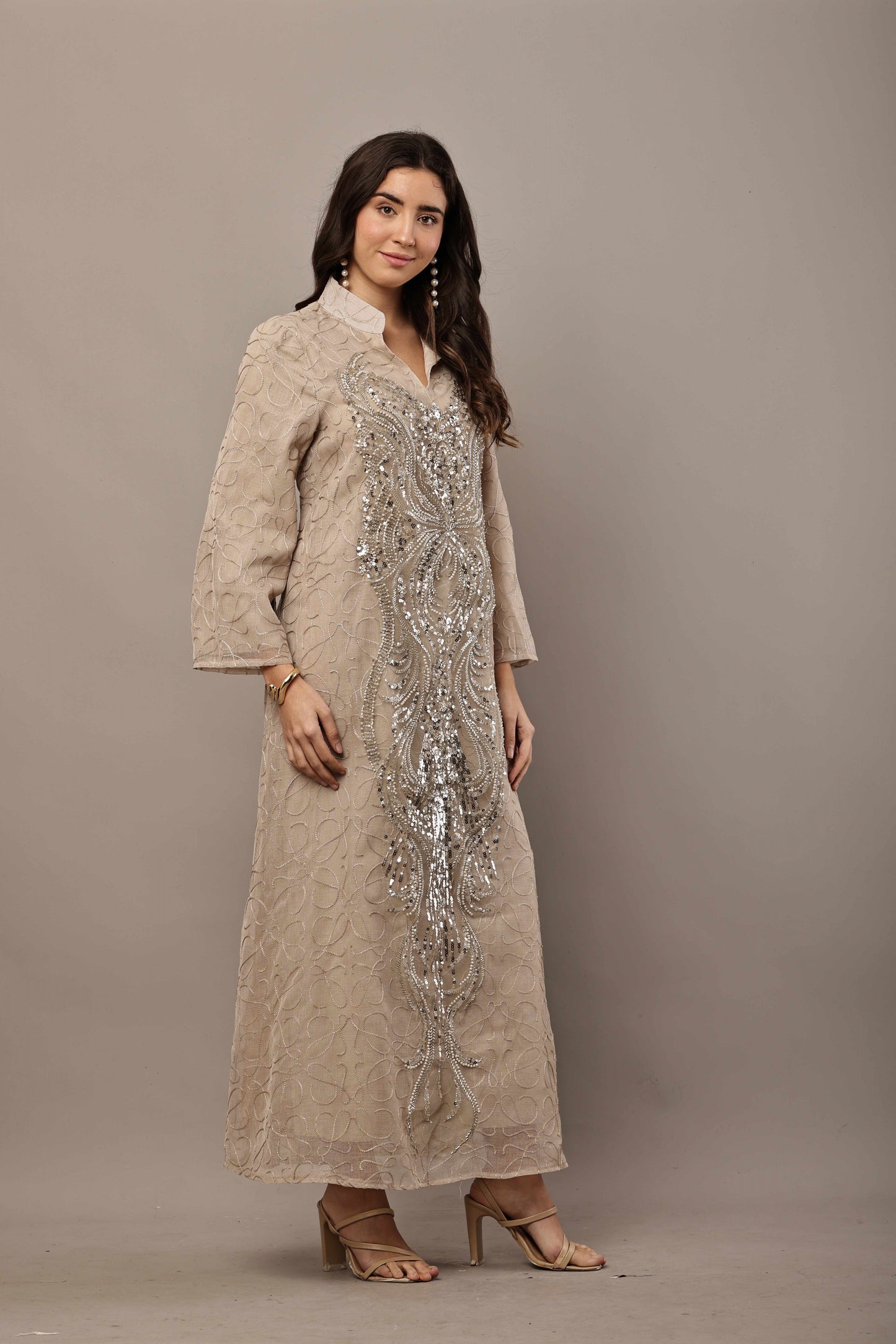 Champagne Sequin Embroidered Statement Maxi Kurta – Festive & Eid Wear