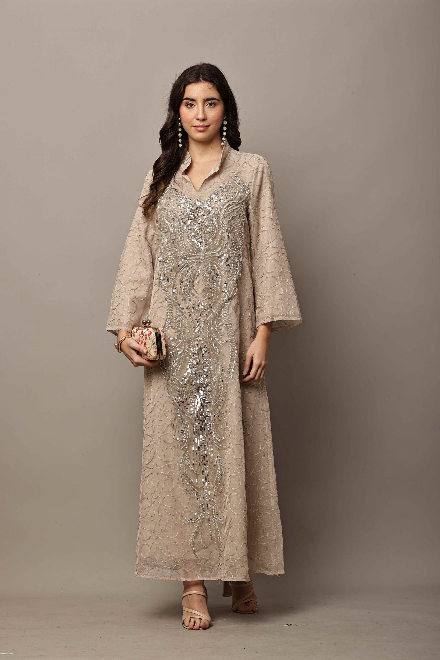 Champagne Sequin Embroidered Statement Maxi Kurta – Festive & Eid Wear