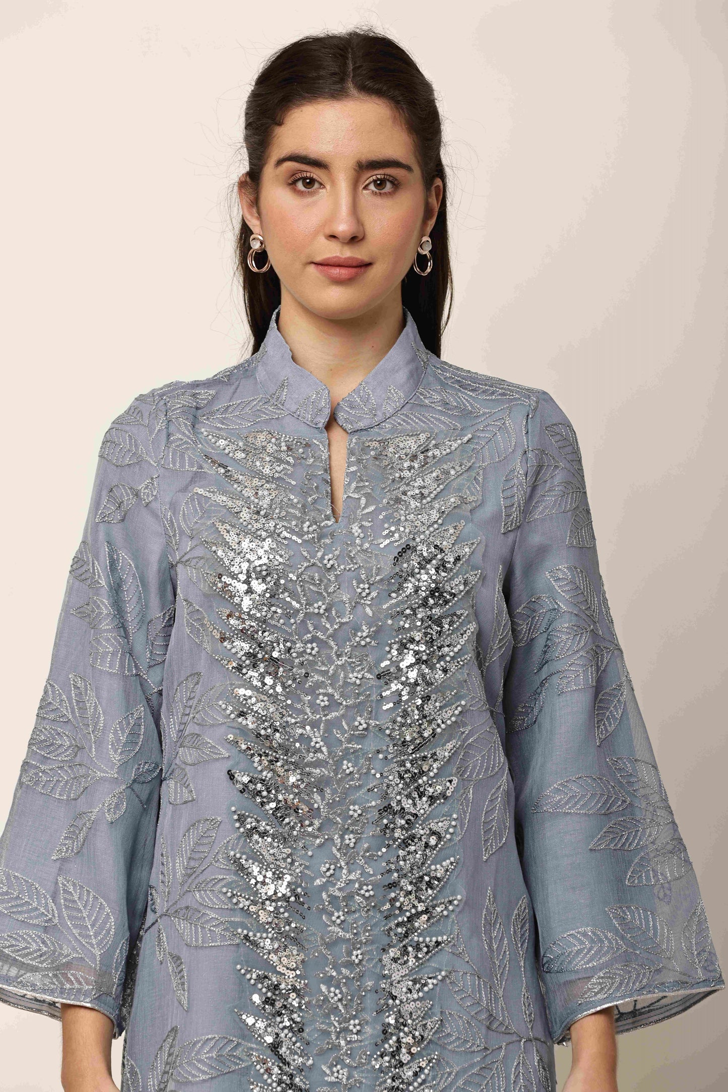 Silver Mist Embroidered Eid Festive Long Kurta for Women