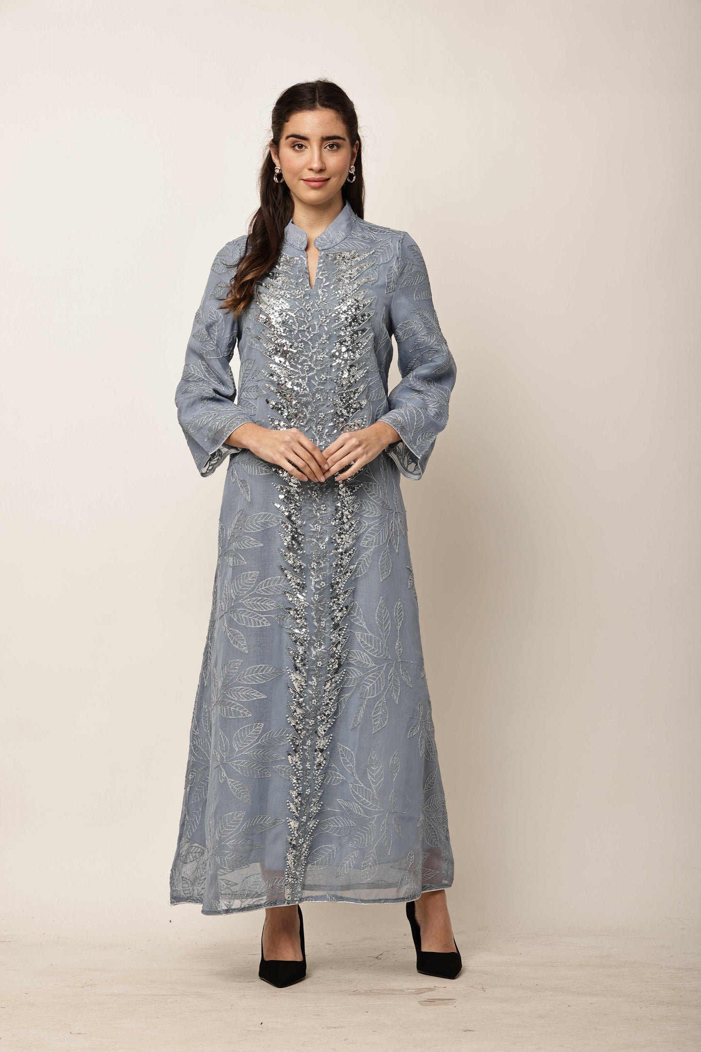 Silver Mist Embroidered Eid Festive Long Kurta for Women