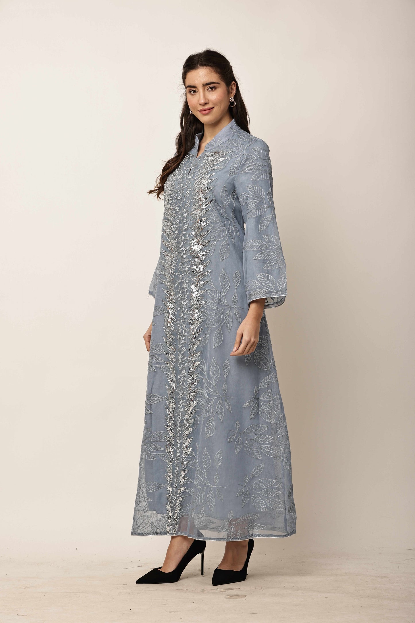 Silver Mist Embroidered Eid Festive Long Kurta for Women