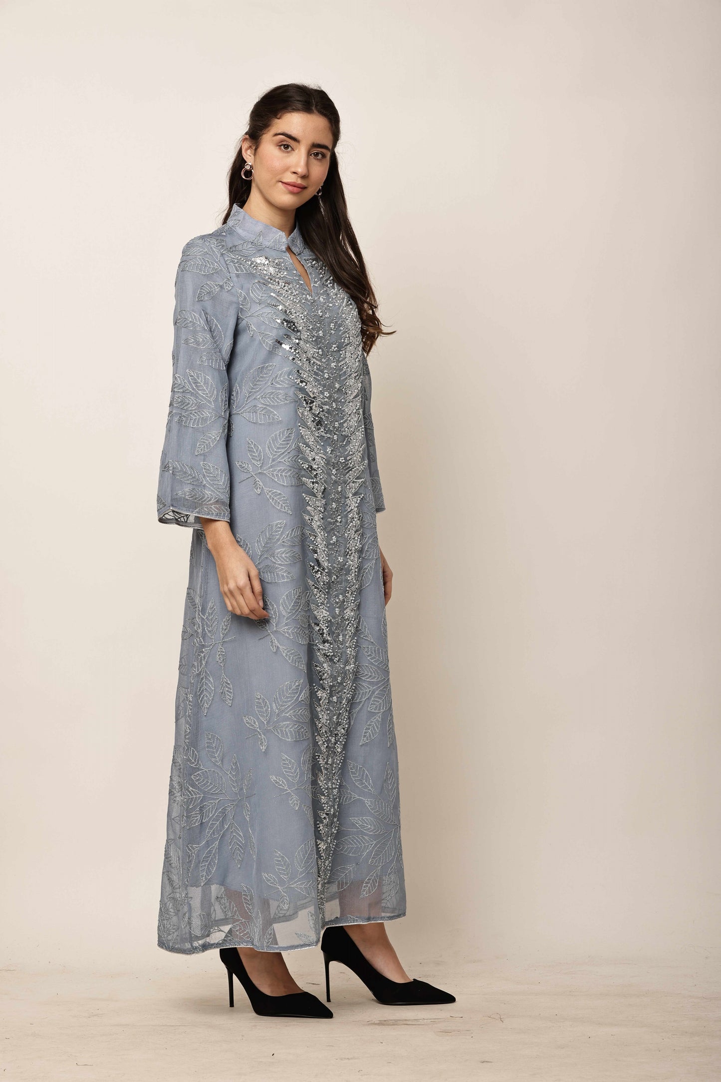 Silver Mist Embroidered Eid Festive Long Kurta for Women