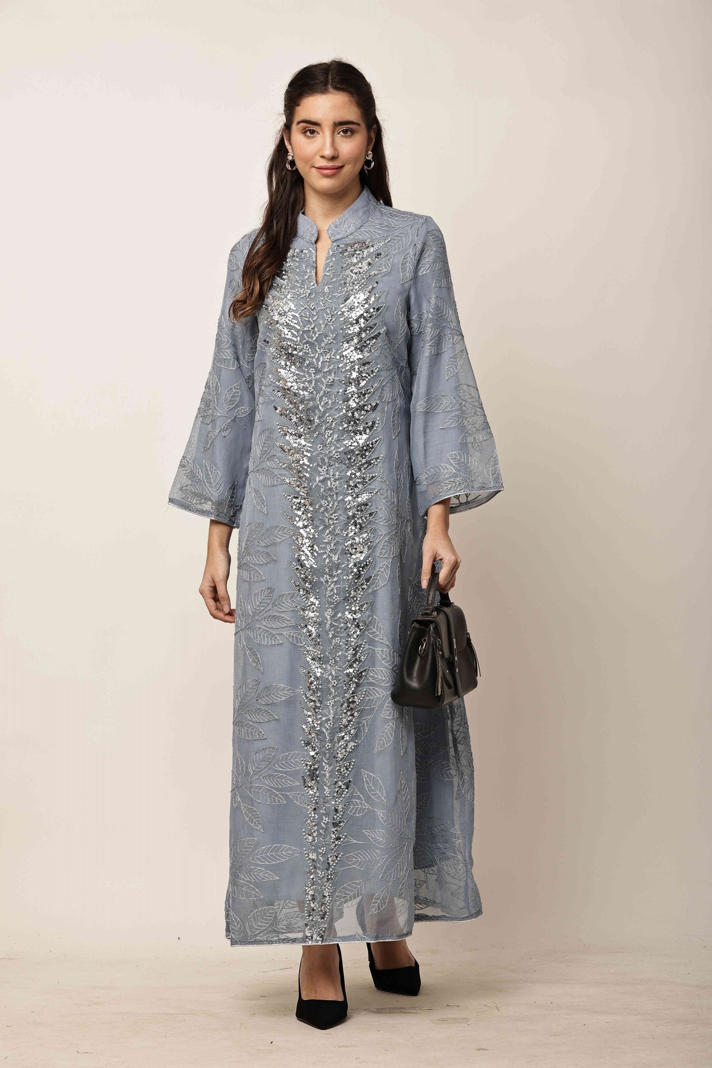Silver Mist Embroidered Eid Festive Long Kurta for Women