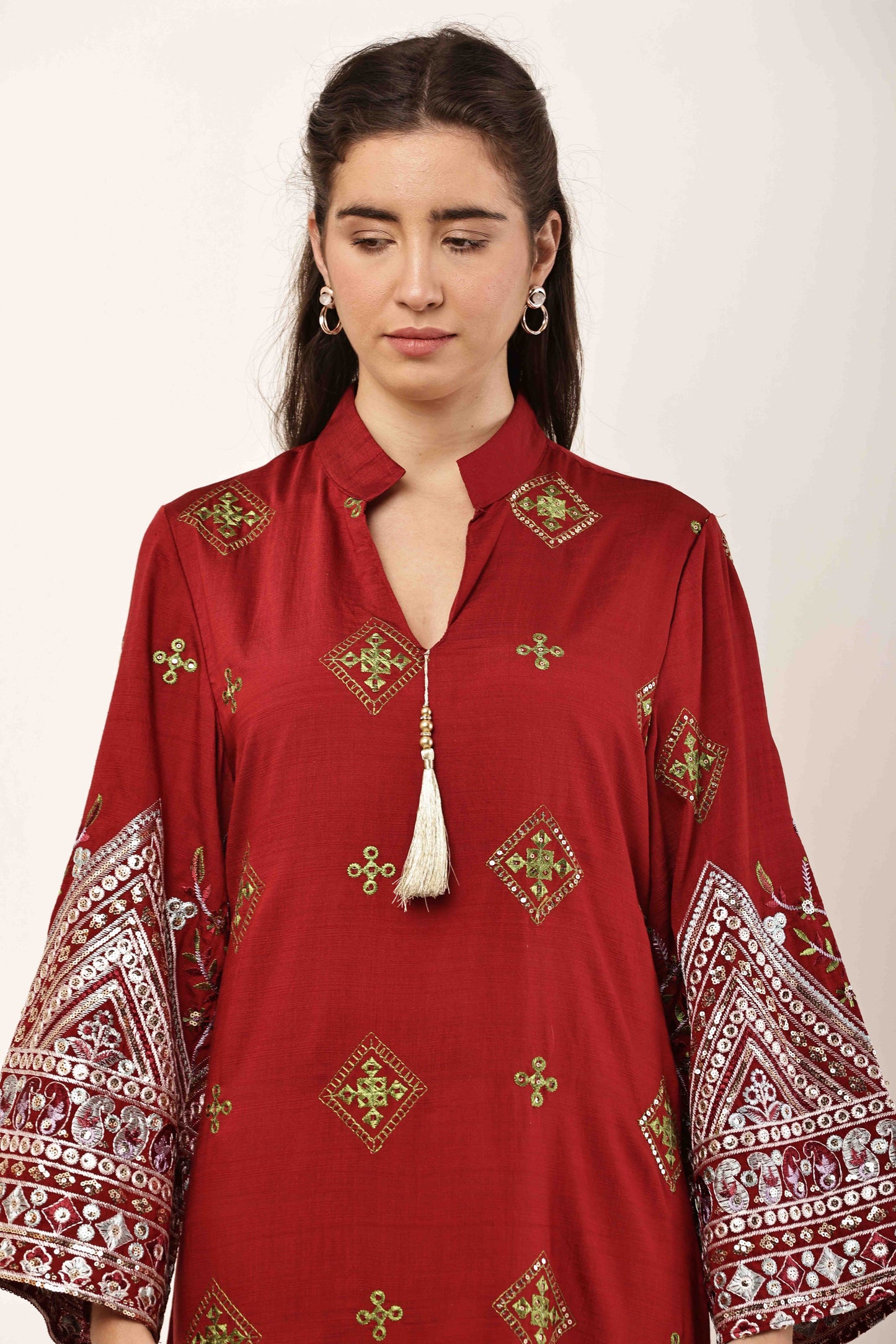 Ruby Red Embroidered Eid Festive Long Kurta for Women