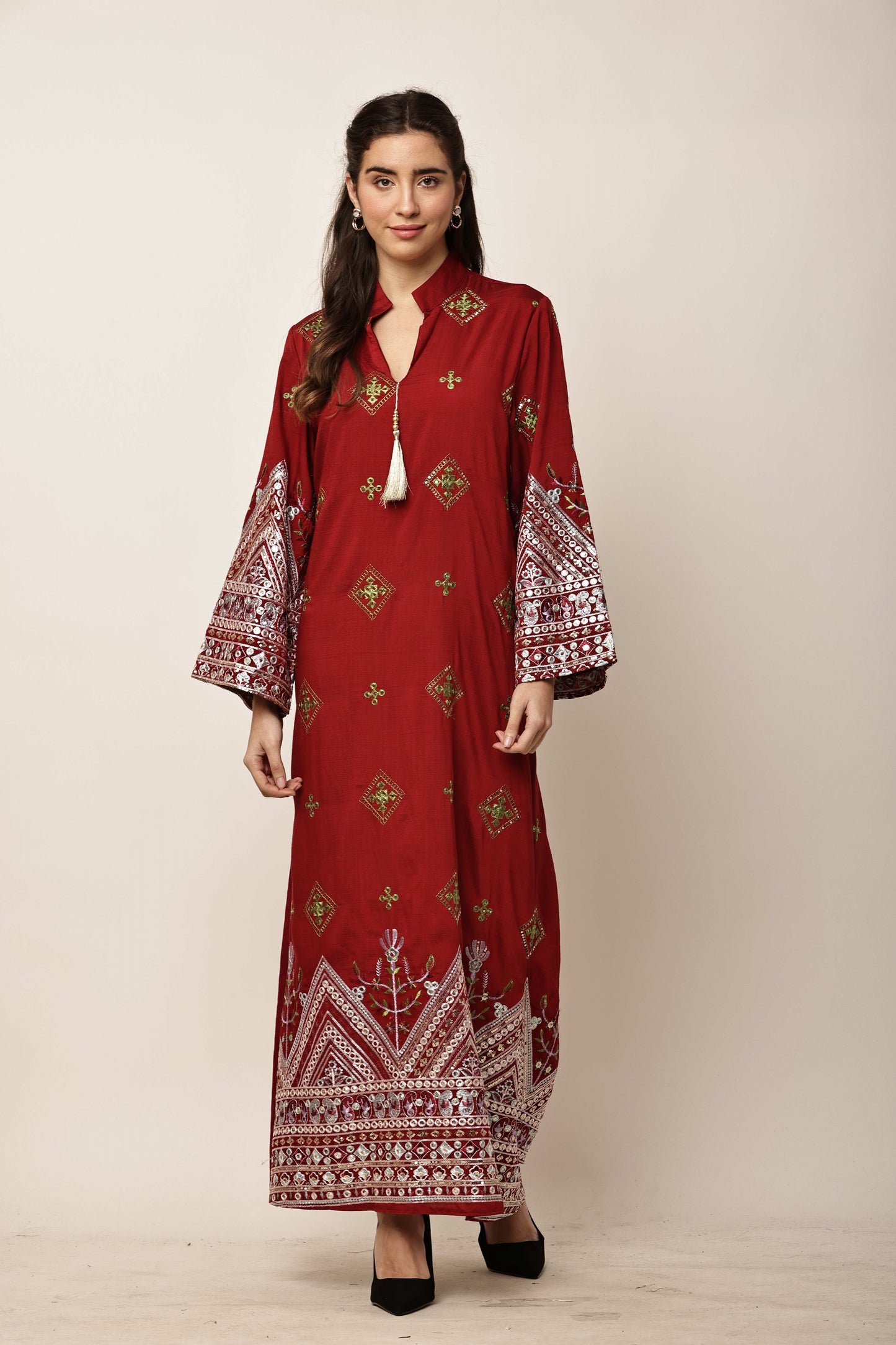 Ruby Red Embroidered Eid Festive Long Kurta for Women