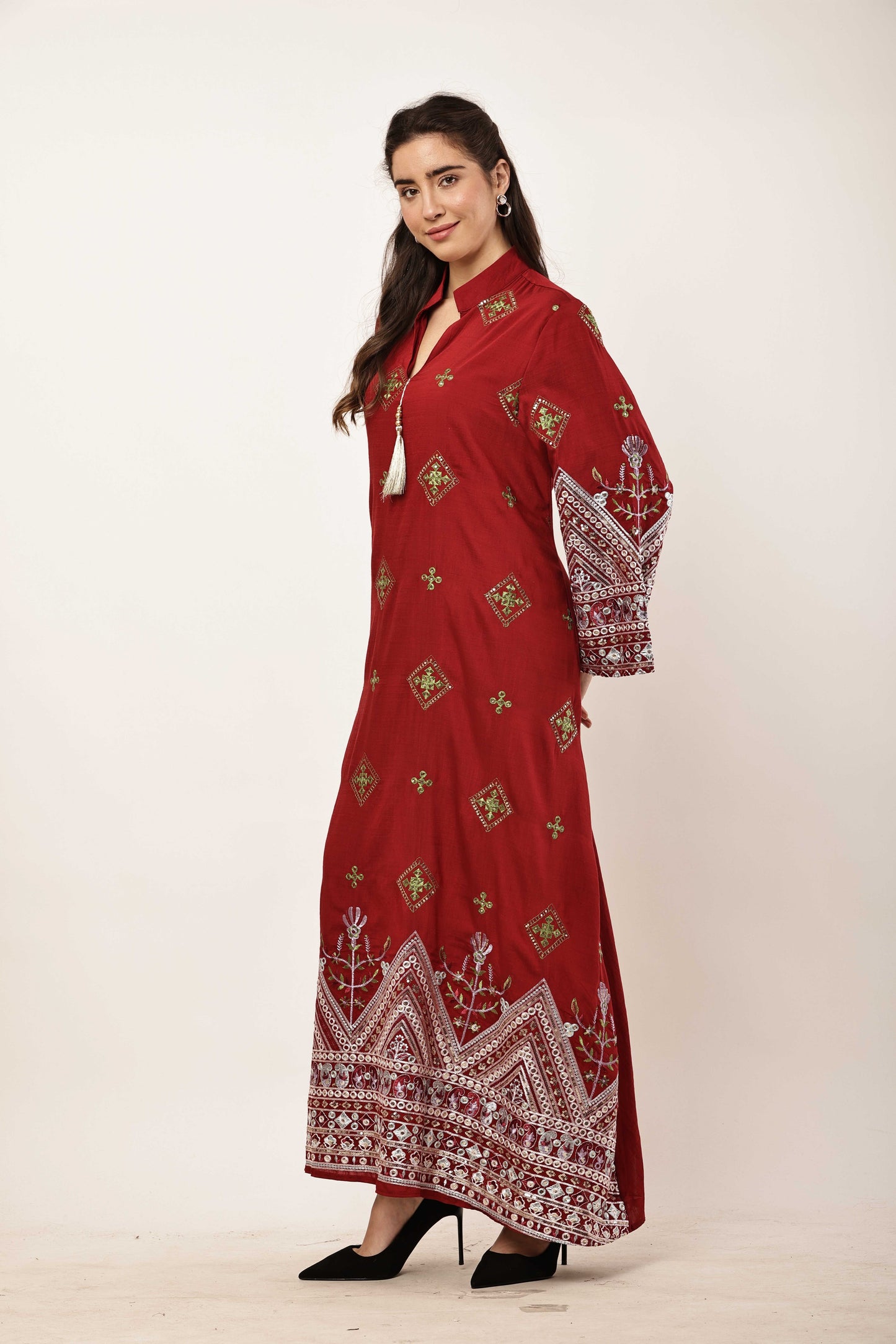 Ruby Red Embroidered Eid Festive Long Kurta for Women