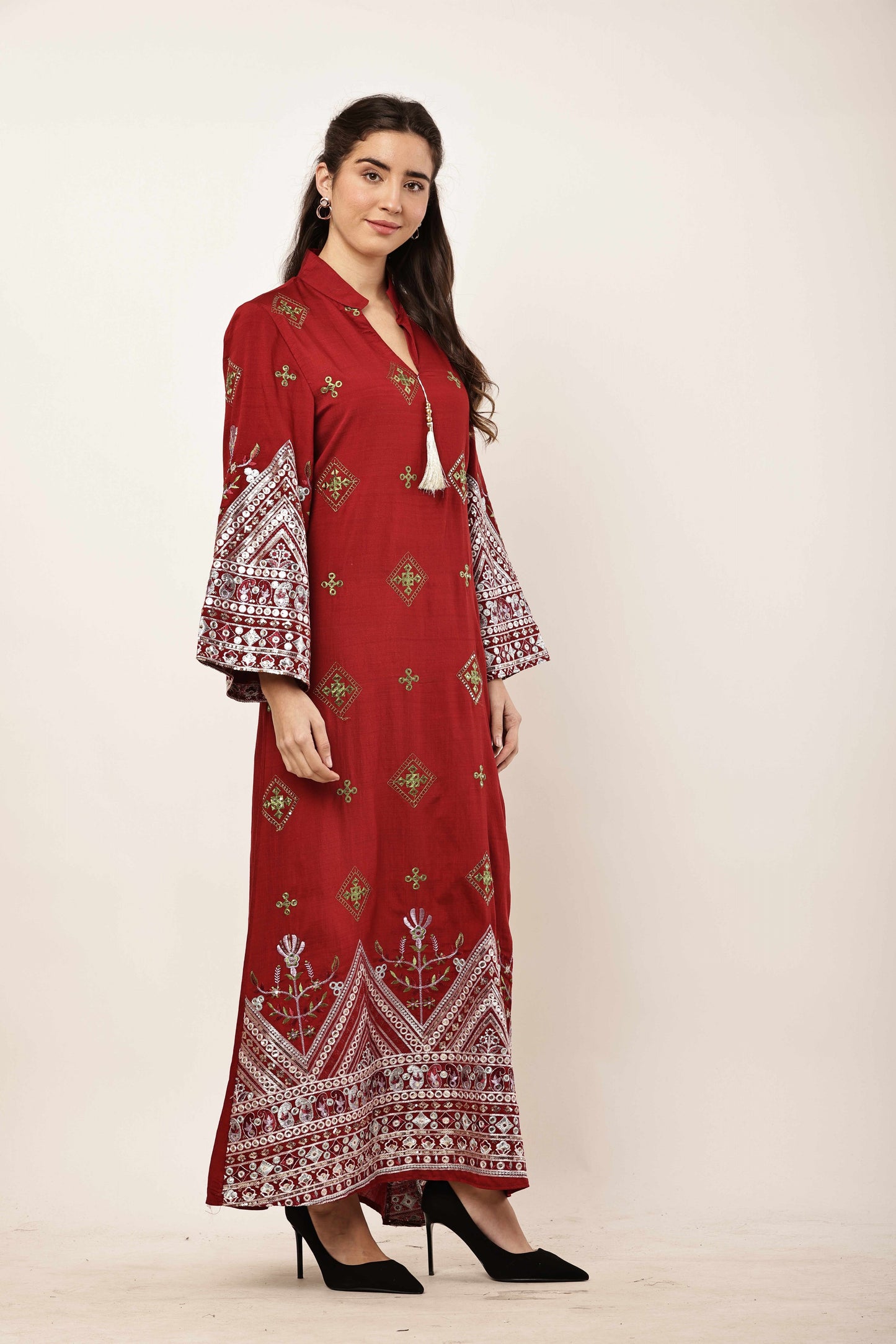 Ruby Red Embroidered Eid Festive Long Kurta for Women