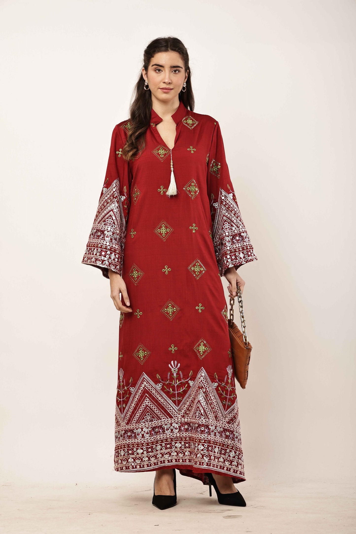 Ruby Red Embroidered Eid Festive Long Kurta for Women