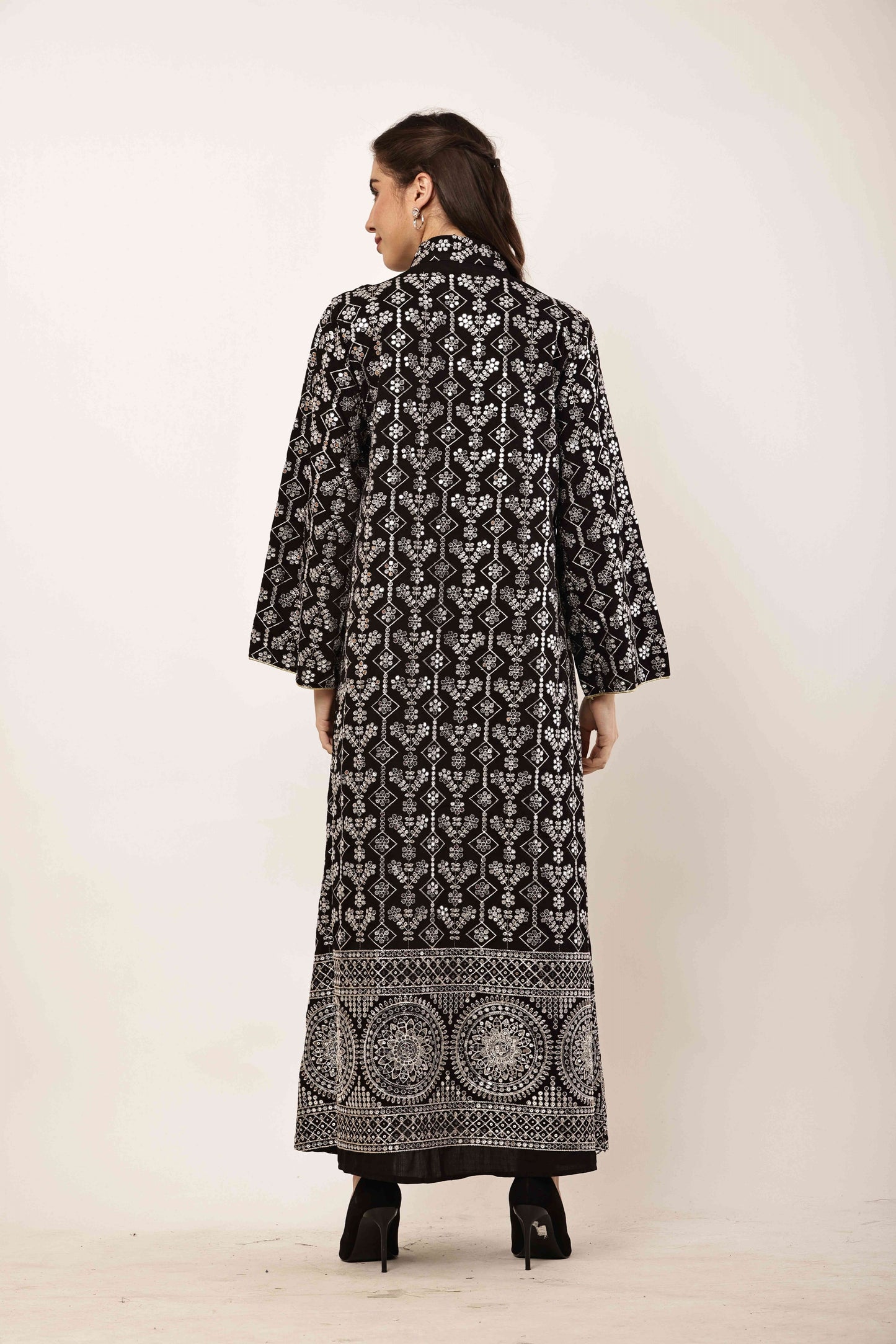 Midnight Black Embroidered Eid Festive Long Kurta for Women