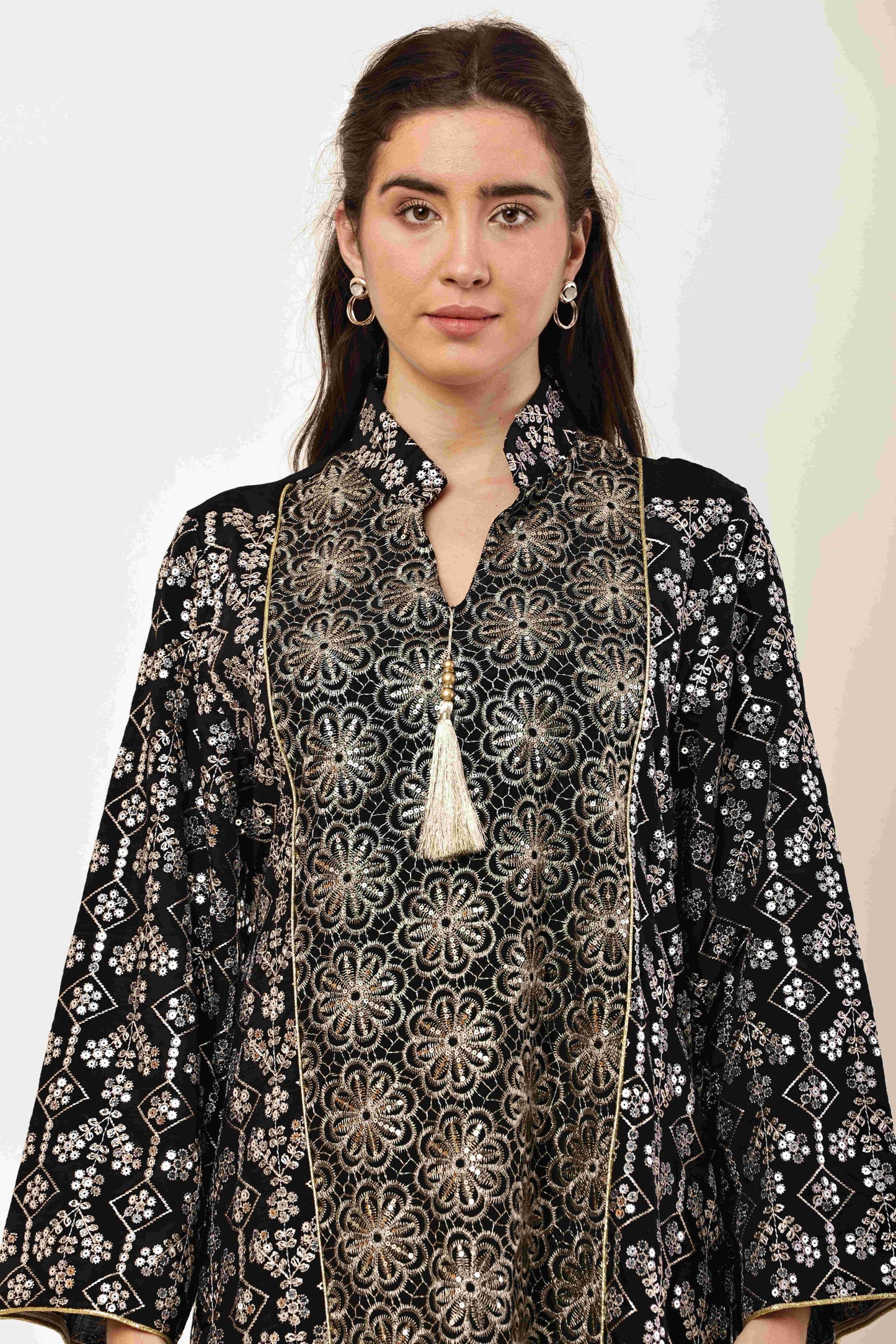 Midnight Black Embroidered Eid Festive Long Kurta for Women