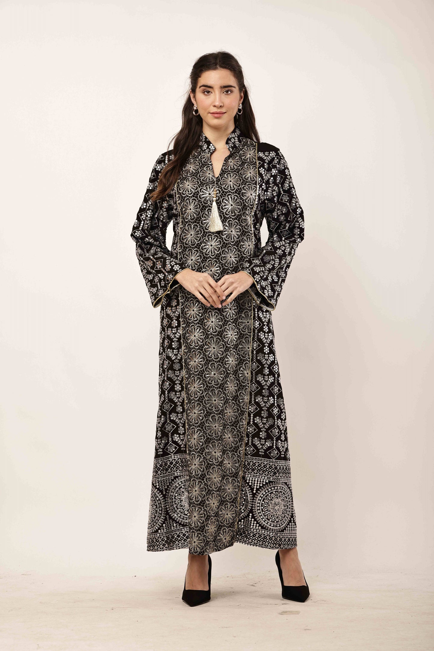 Midnight Black Embroidered Eid Festive Long Kurta for Women