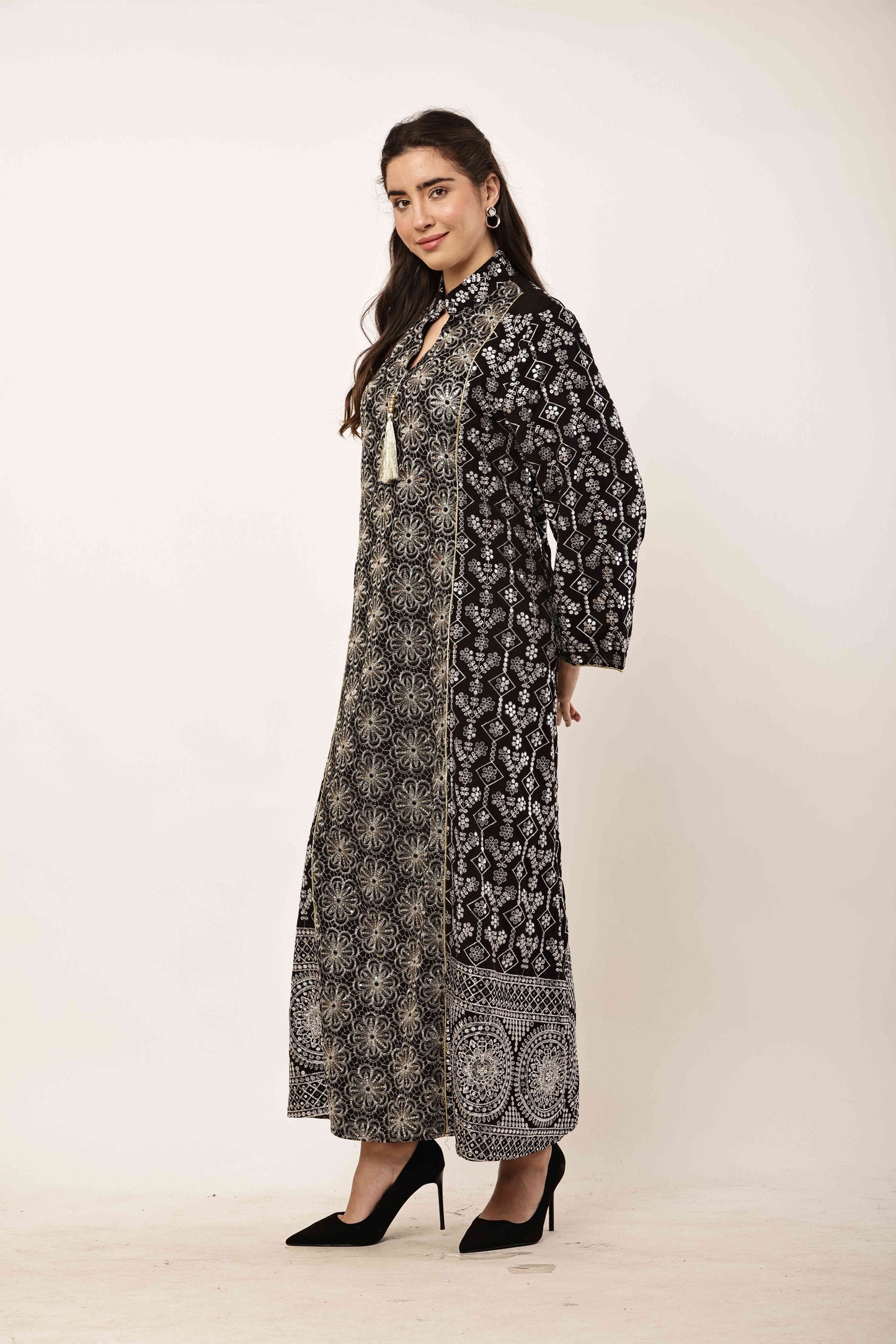 Midnight Black Embroidered Eid Festive Long Kurta for Women