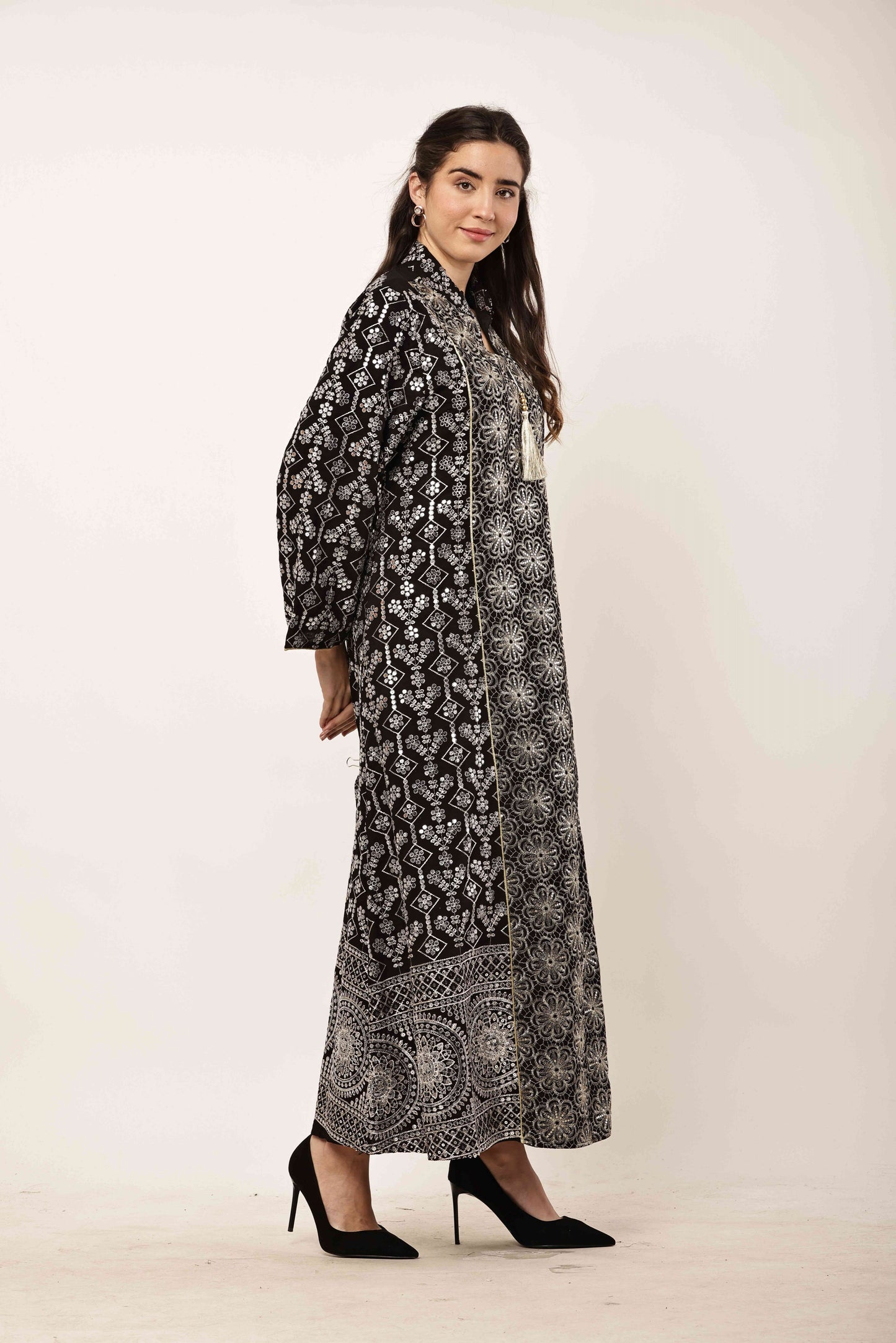 Midnight Black Embroidered Eid Festive Long Kurta for Women