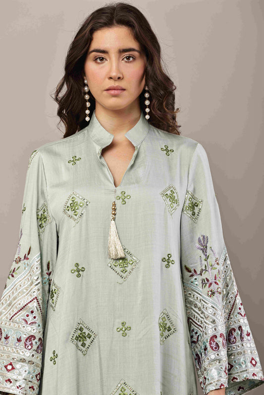 Mint Green Embroidered Eid Kurta Dress for Women | Ramadan Festive Wear