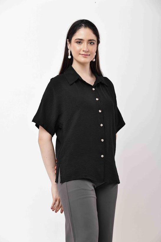 Black Textured Relaxed Fit Shirt for Women | Korean Style Top