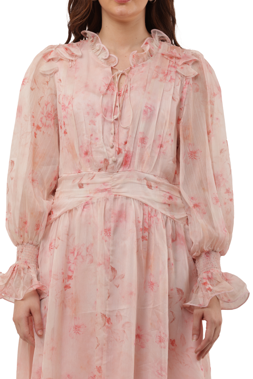Elegant Floral Ruffle Midi Korean Dress – Sheer Organza | Korean Fashion Clothes