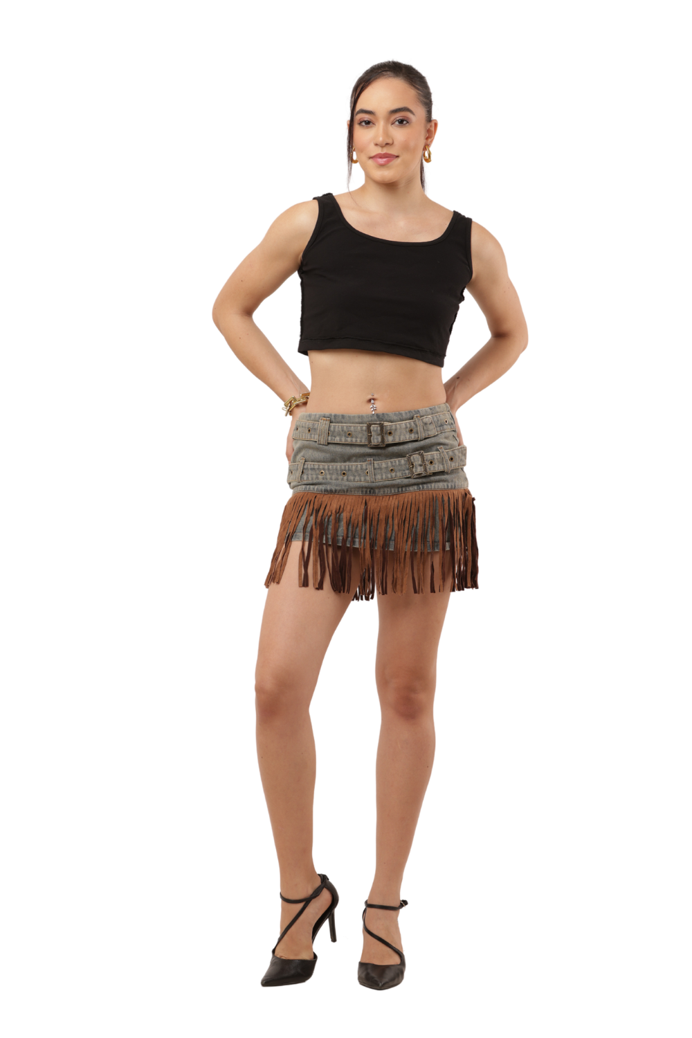 Denim Fringe Mini Skirt with Dual Belt Detail