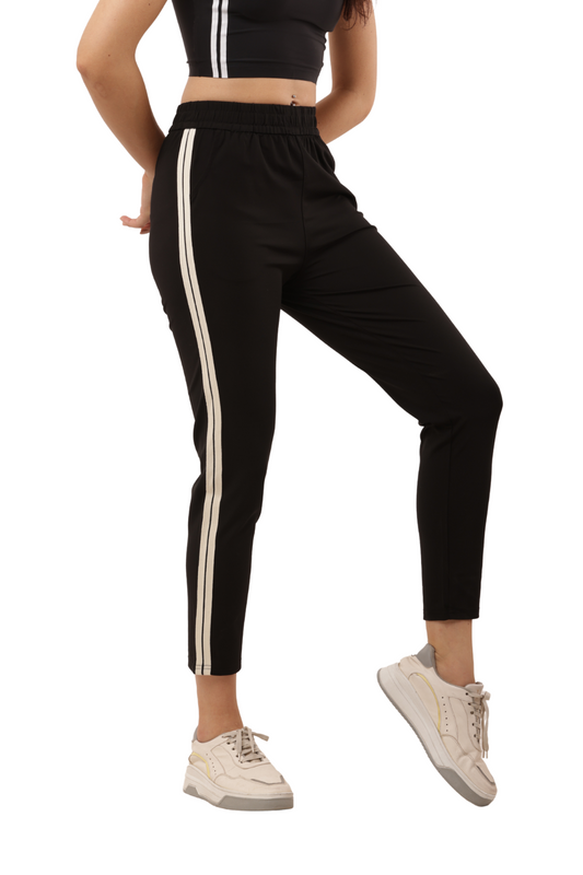Women's Black Side Stripe Slim Fit Pants – Korean Cotton Casual Wear