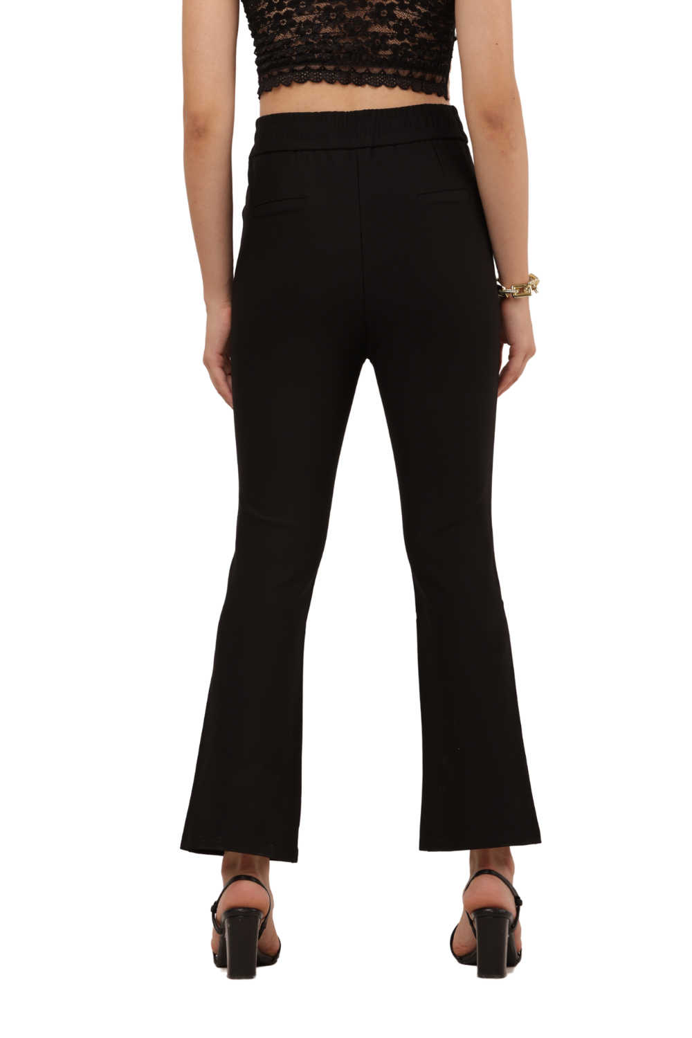 High-Waist Black Flared Pants with Gold Buckle – Korean Fashion Style